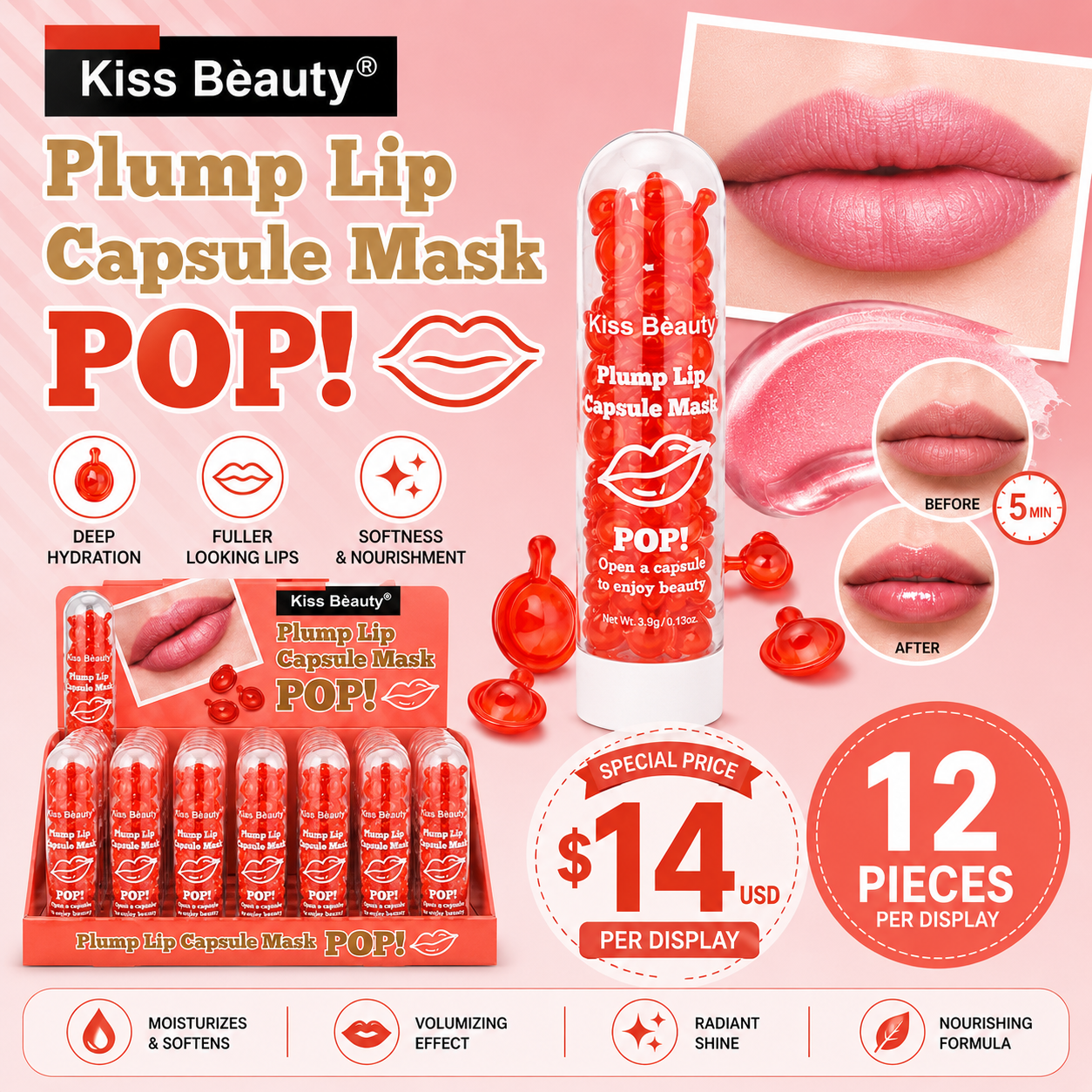 12PCS DISPLAY KISS BEAUTY PLUMP LIPS CUTE KISS POP CAPSULE MASK 1289-03A