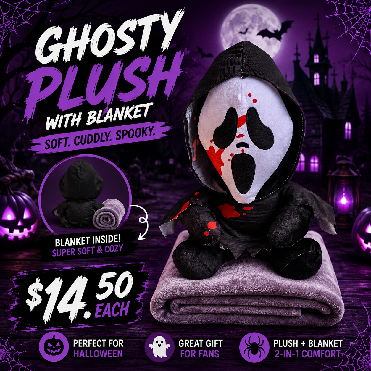 1PCS GHOSTY PLUSH WITH BLANKET