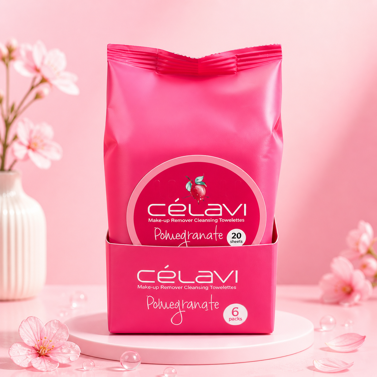 6PCS DISPLAY CELAVI POMEGRANATE MAKE-UP REMOVER CLEANSING TOWELETTES MT005