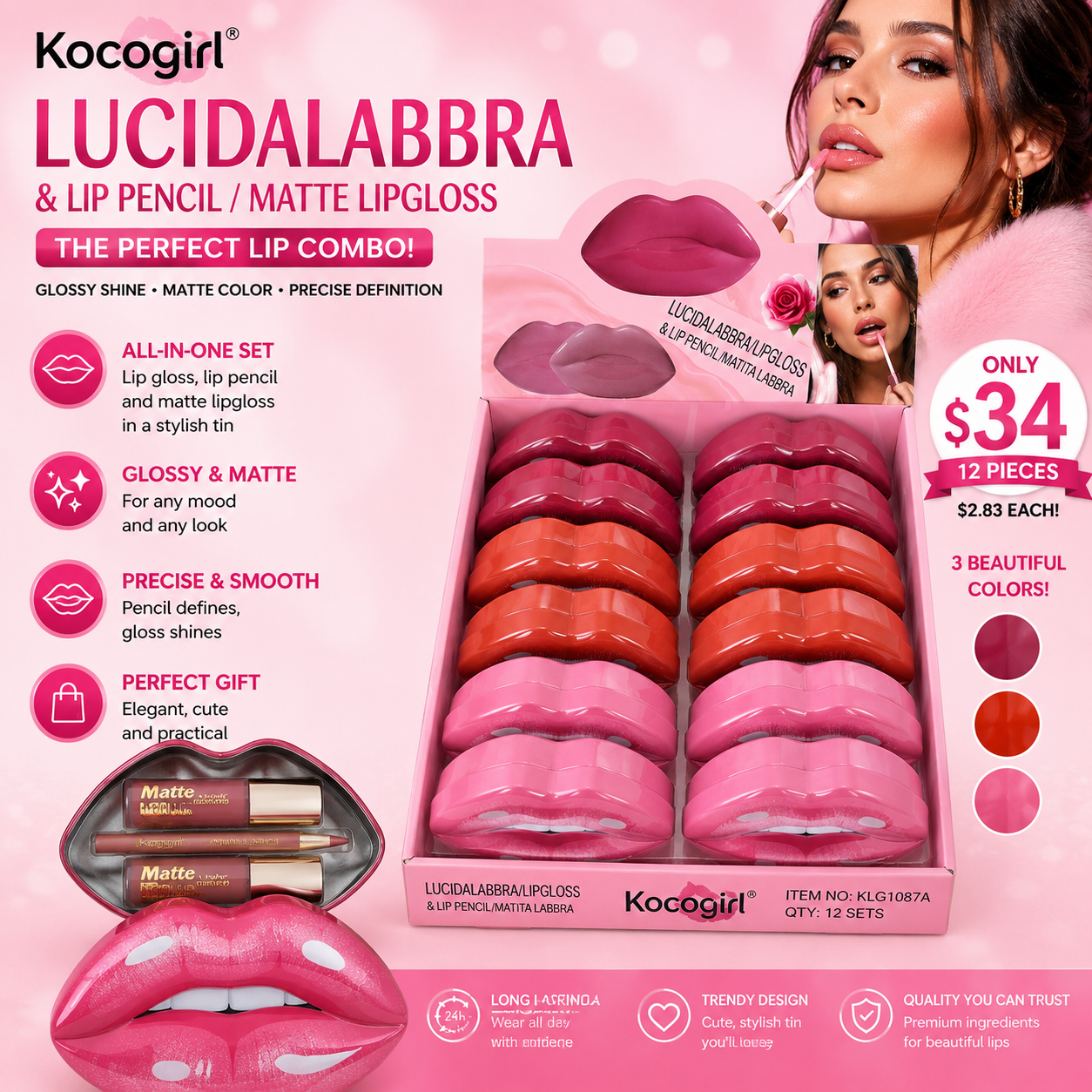 12PCS DISPLAY KOCOGIRL KISS BOX COMBO LIPLINER-LIPGLOSS