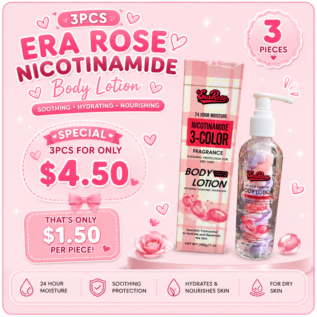 3PCS ERA ROSE NICOTINAMIDE BODY LOTION 8086