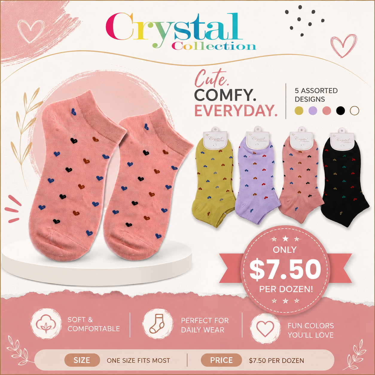 12PCS PACK COLORED HEARTS ANKLE SOCKS DNV-3154