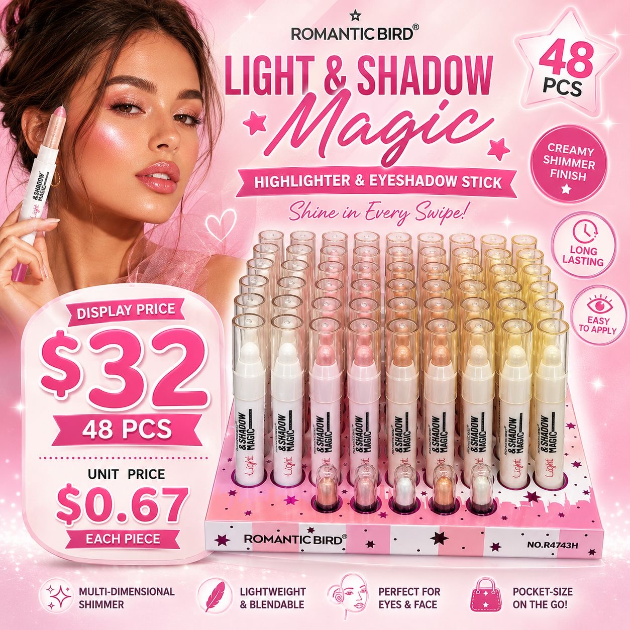 48PCS DISPLAY ROMANTIC BIRD MULTI COLOR SHADOW & HIGHLIGHT PEN R4743H