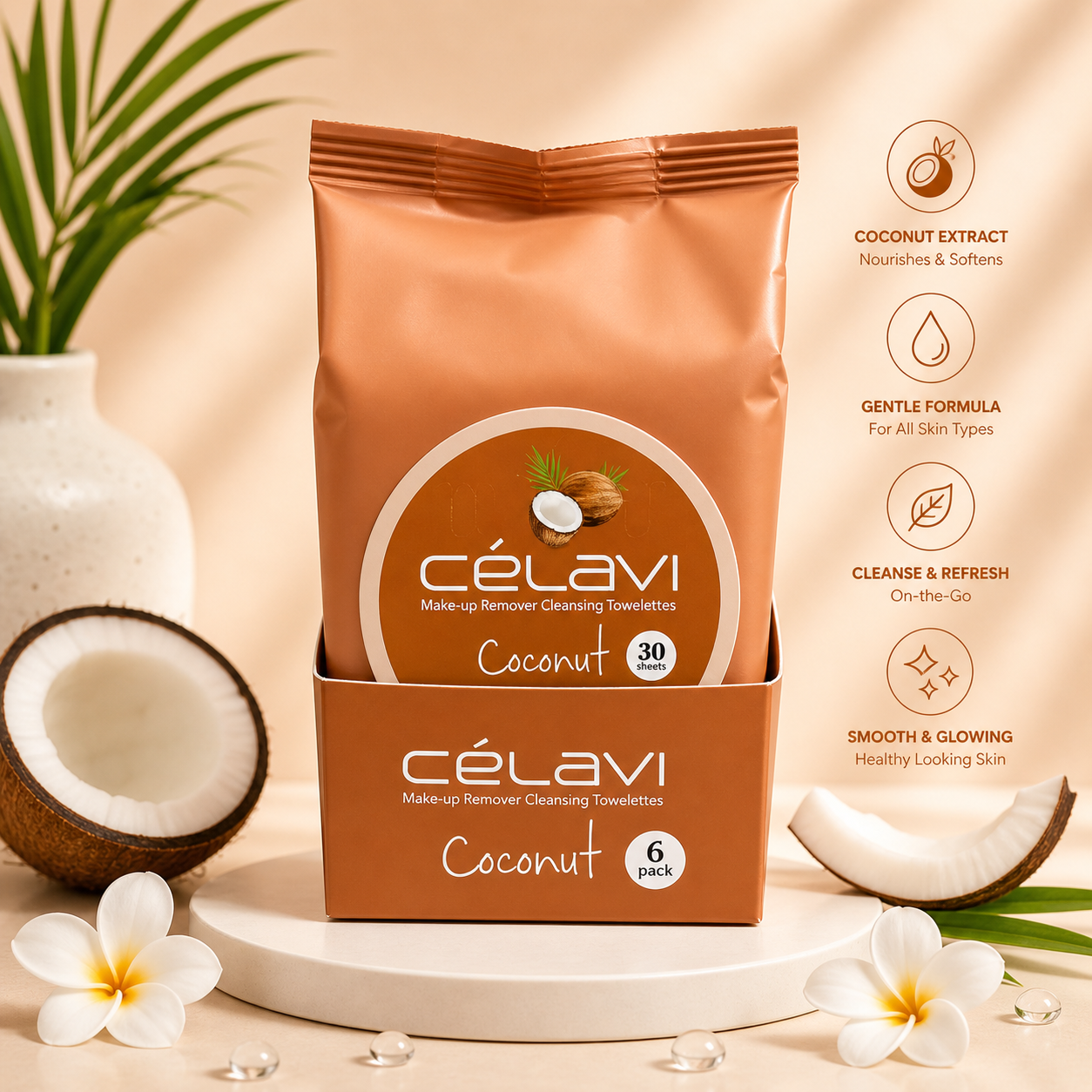 6PCS DISPLAY CELAVI COCONUT MAKE-UP REMOVER CLEANSING TOWELETTES MT015