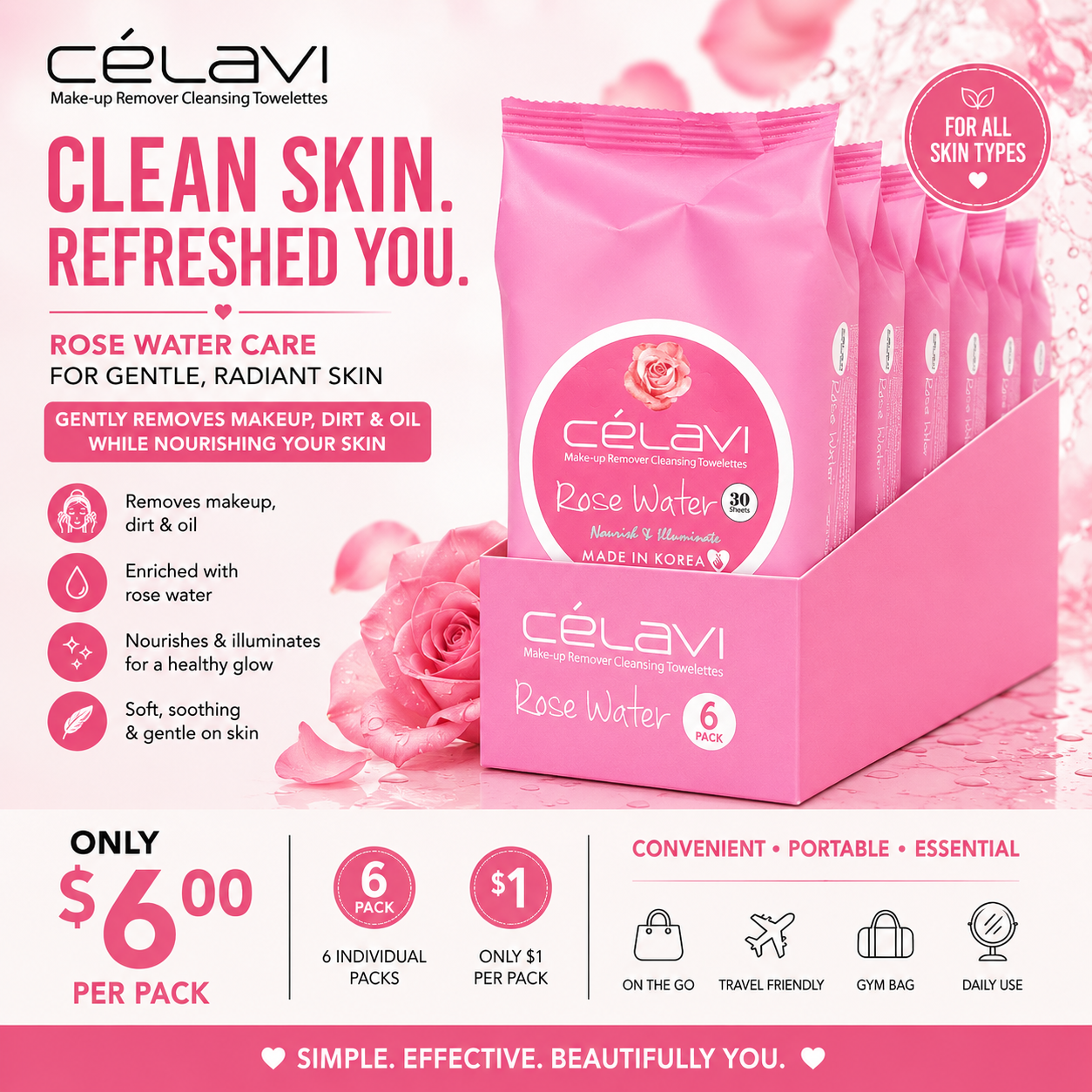6PCS DISPLAY CELAVI ROSE WATER MAKE-UP REMOVER CLEANSING TOWELETTES MT021