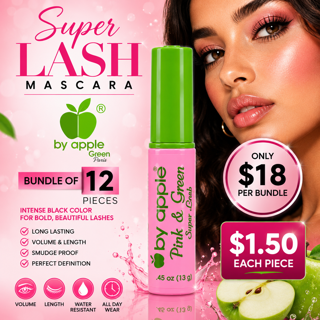12PCS PACK BY APPLE SUPER LASH MASCARA PINK & GREEN MAMEY EXTRACT 8963