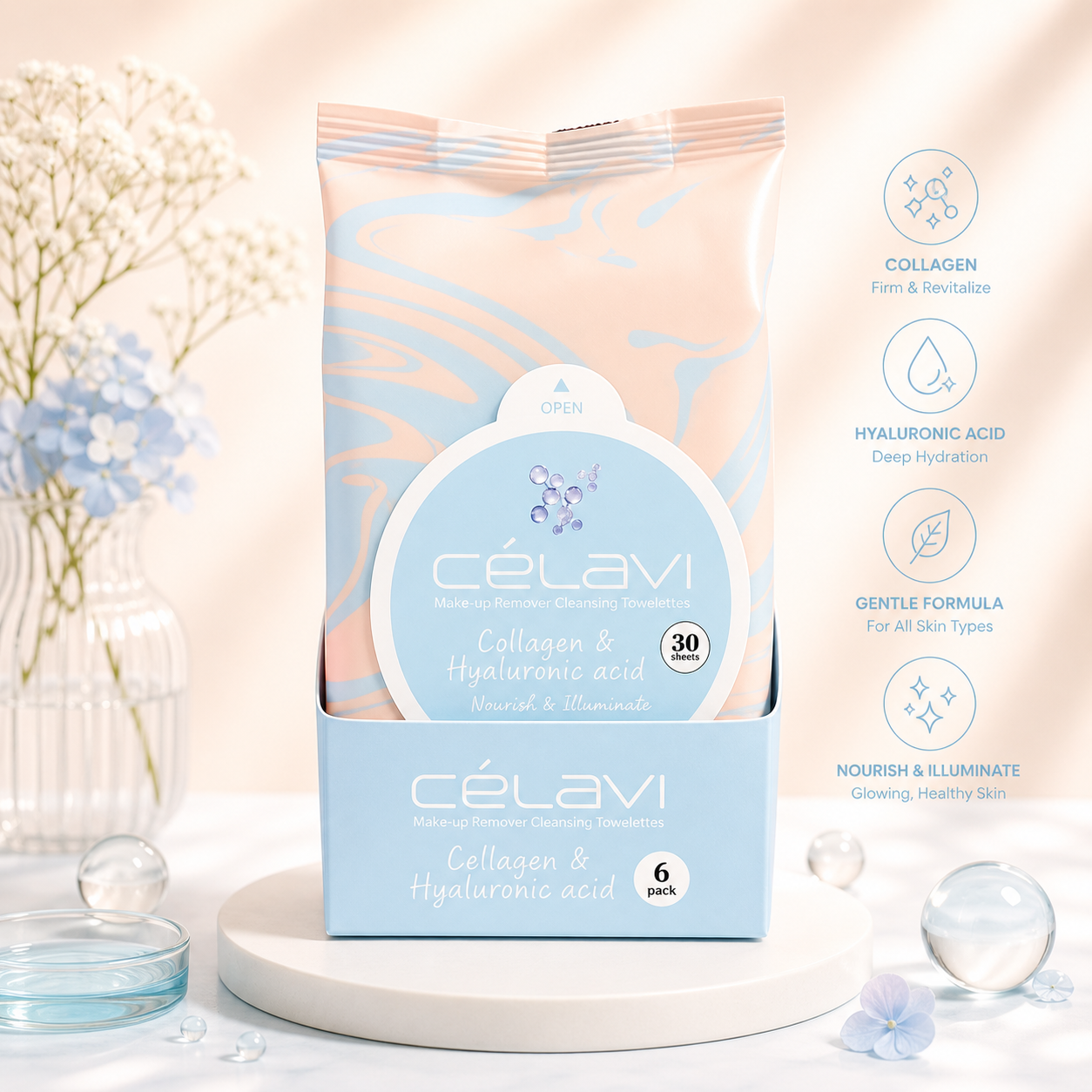6PCS DISPLAY CELAVI COLLAGEN & HYALURONIC ACID MAKE-UP REMOVER CLEANSING TOWELETTES MT024