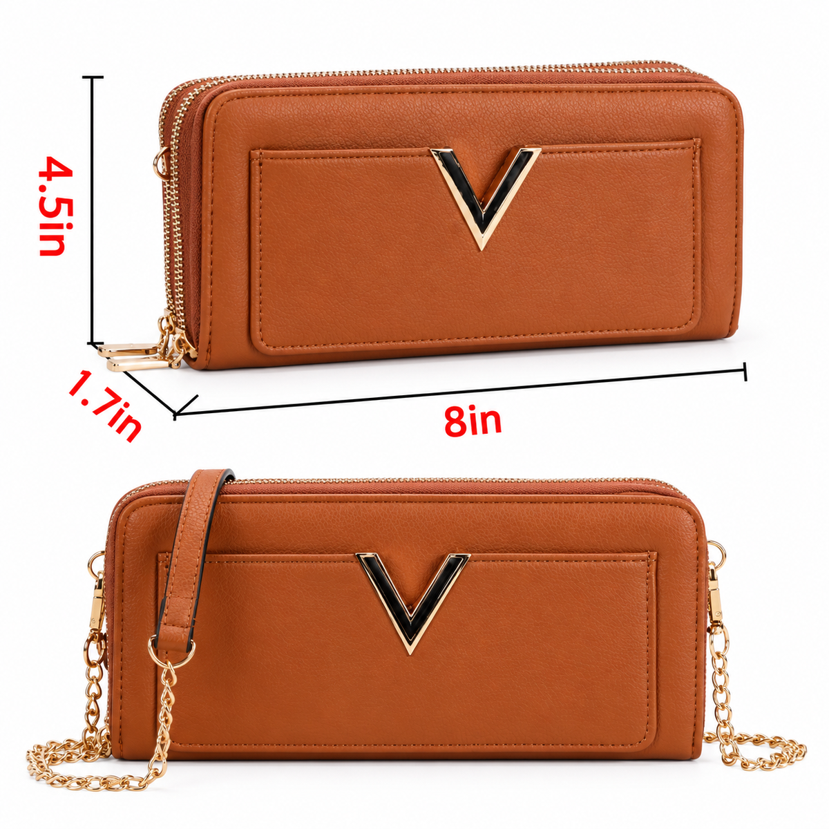 Elegant V Brown Charm Zip Wallet