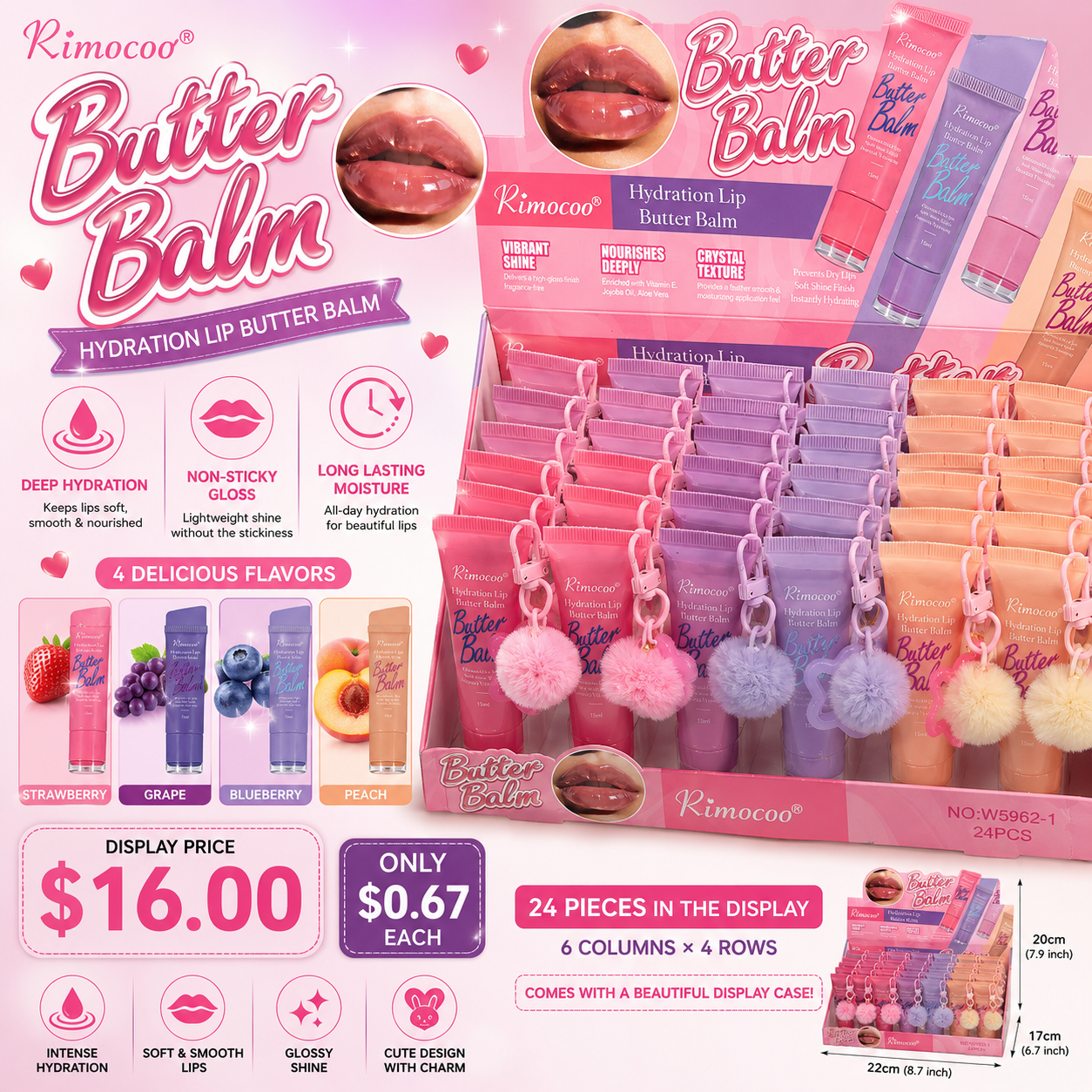24PCS DISPLAY RIMOCOO HYDRATING BUTTER LIP BALM WITH DANGLE CHARM W5962-1