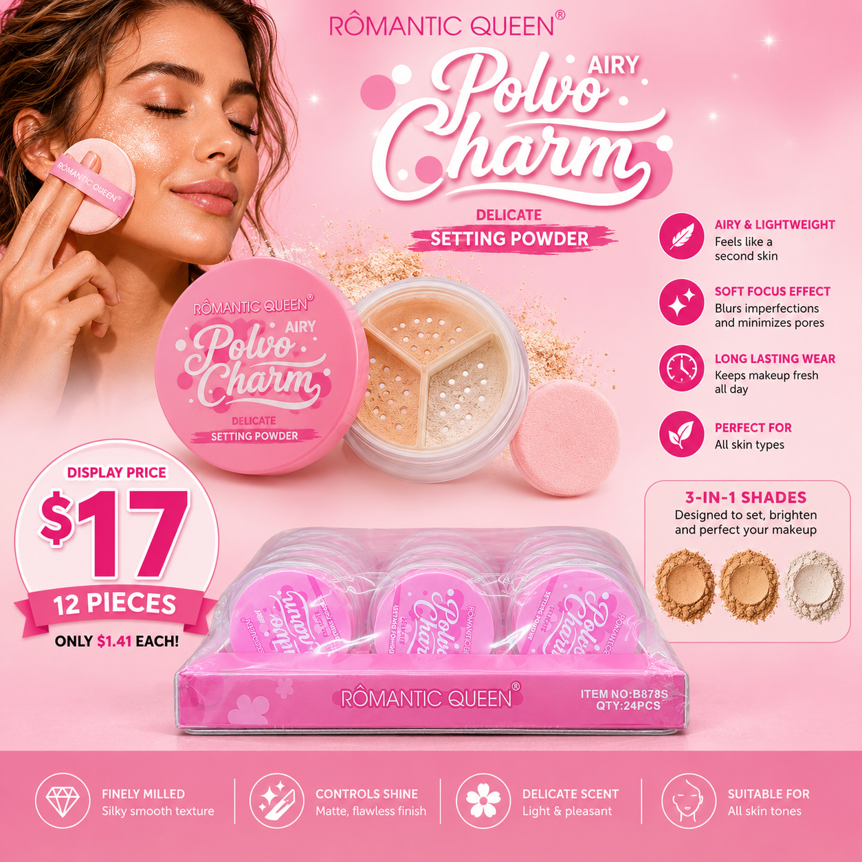 12PCS ROMANTIC QUEEN SETTING POWDER 3 IN 1 B878
