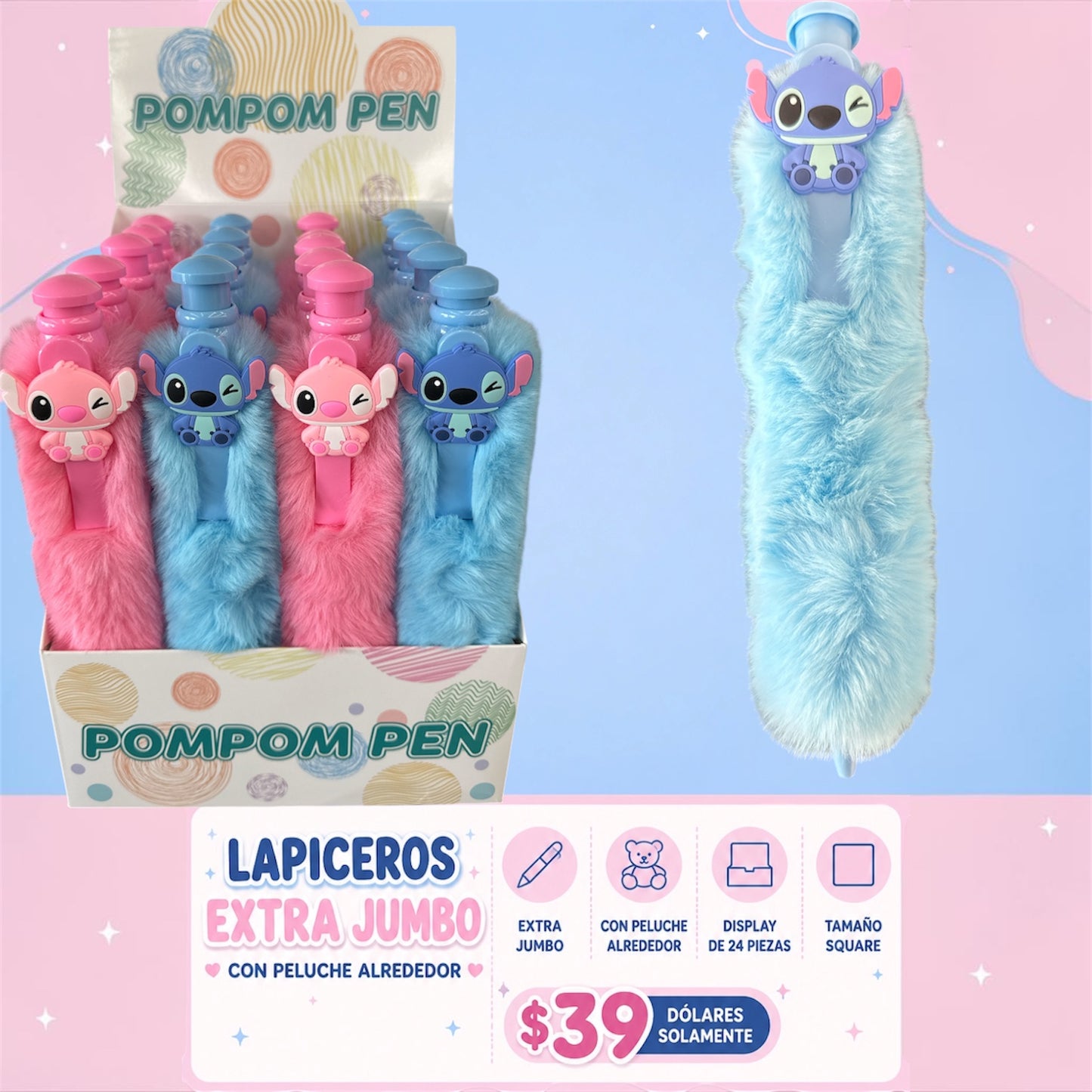 24PCS DISPLAY POMPOM PENS BLUE GUY QM919