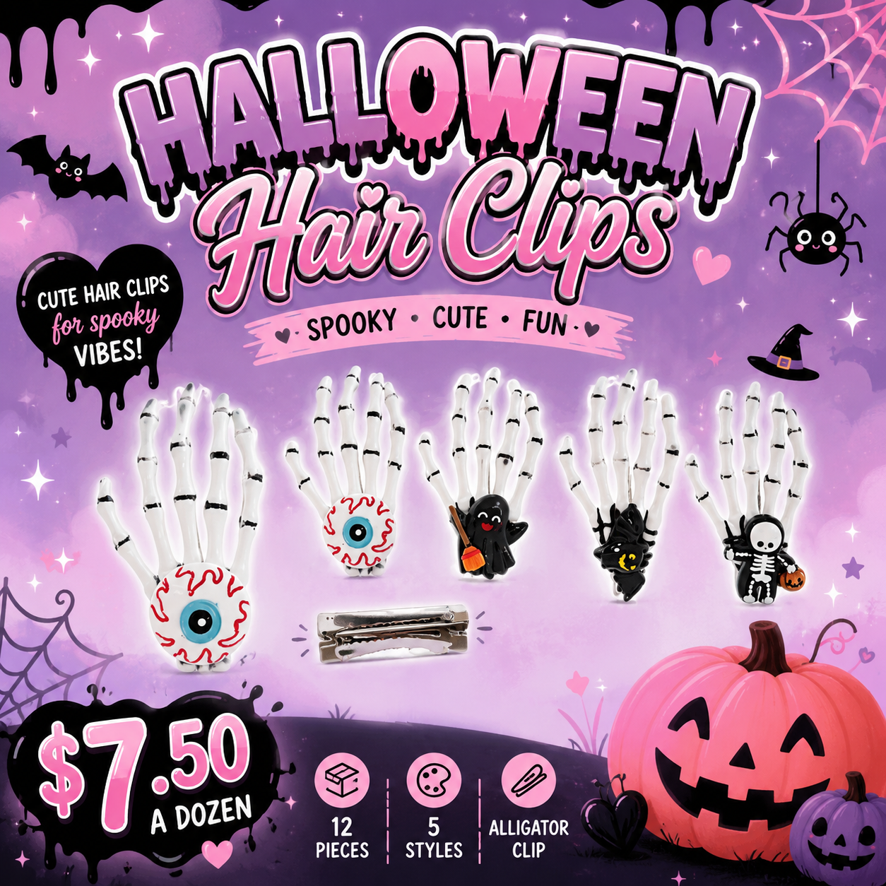 12PCS PACK HALLOWEEN HAND HAIR CLIPS H2391