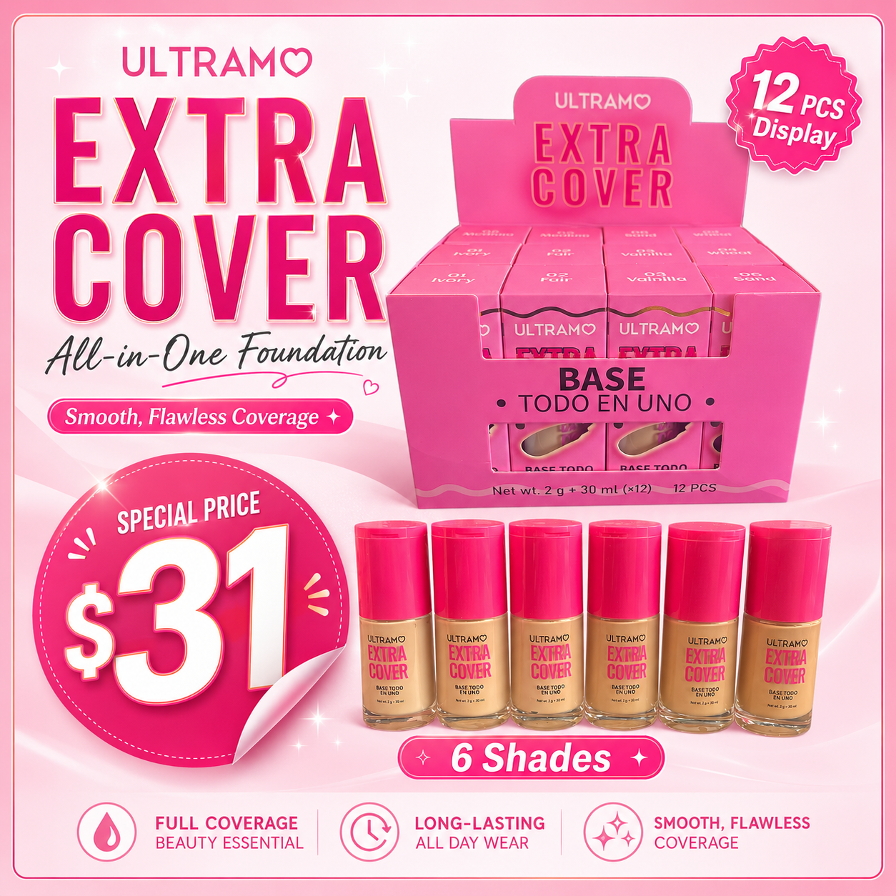 12PCS DISPLAY ULTRAMO ALL IN ONE FOUNDATION EXTRA COVER FE005