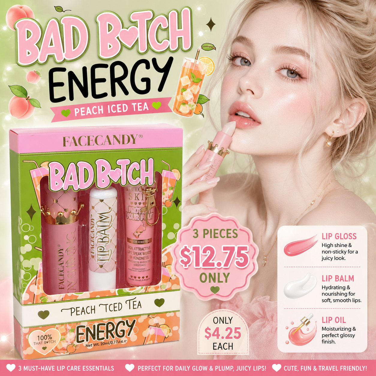 3PCS SET INSPO FACECANDY LIP CARE SET BAD B💗TCH PEACH TEA B-006