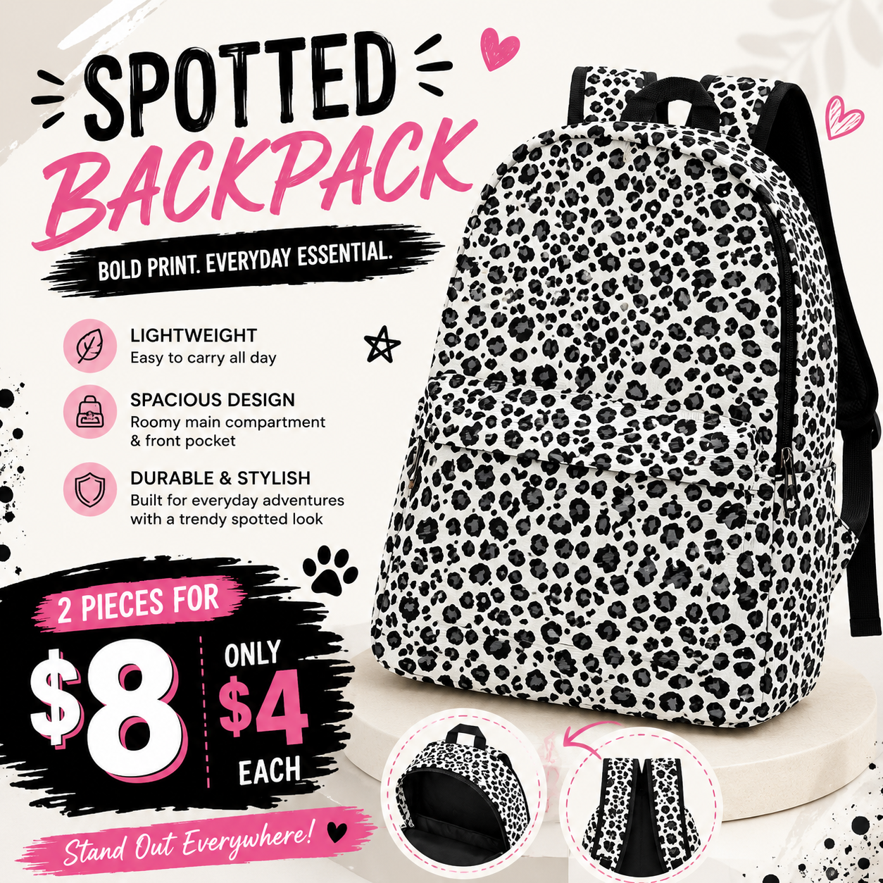 2PCS SET WHITE CHEETAH WILD BACKPACK