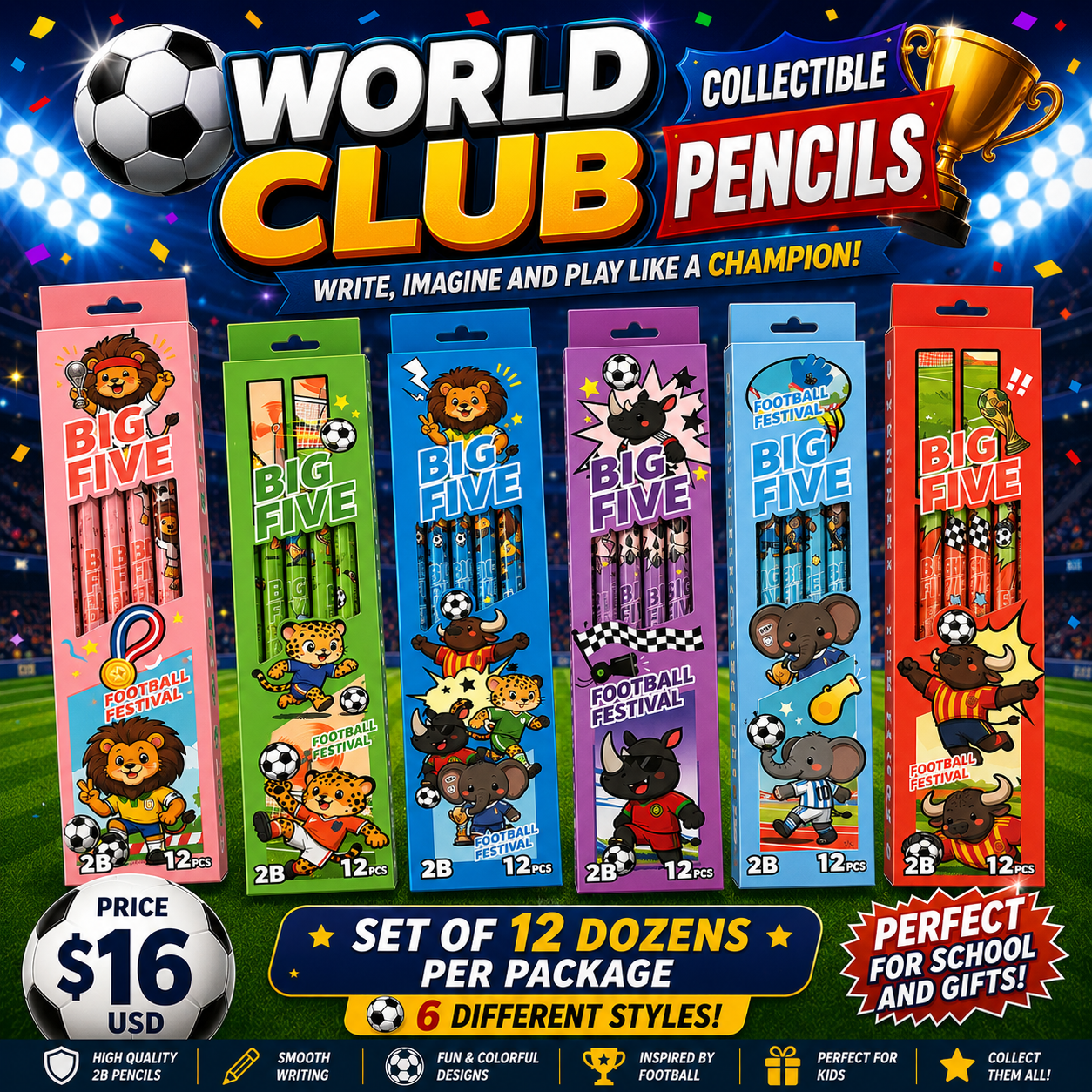 12PCS PACK WILD FRIENDS FIFA WORLD CUP KIDS PENCILS NO3782