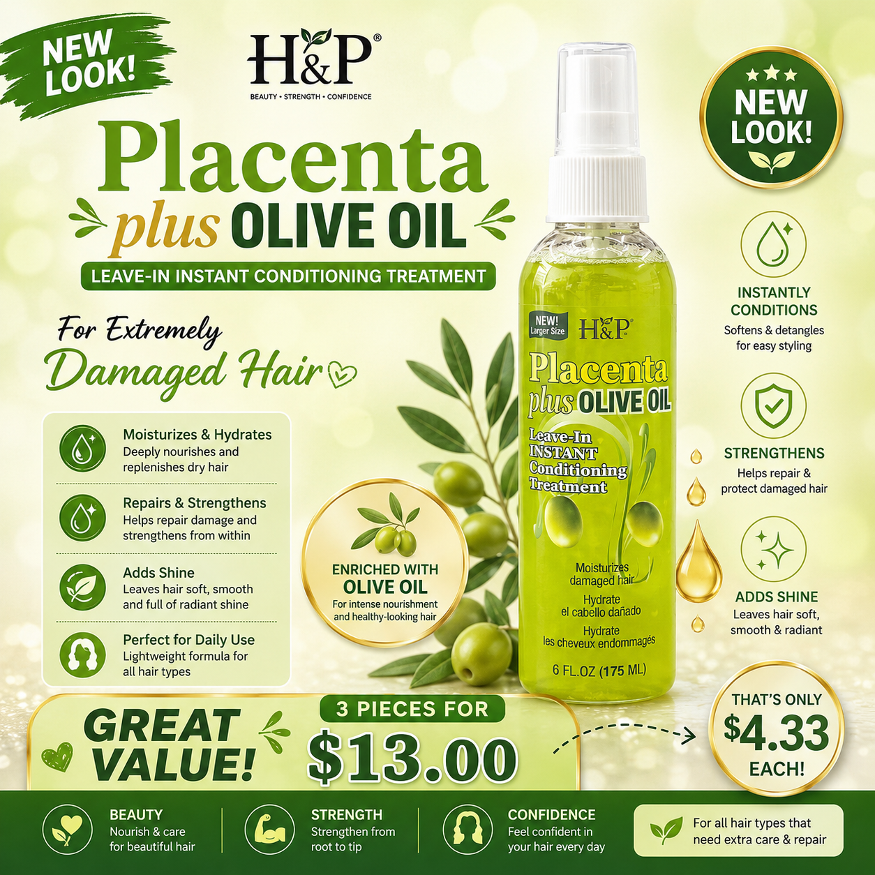 3PCS H N P PLACENTA PLUS OLIVE OIL LEAVE-IN INSTANT CONDITIONING TREATMENT 4123