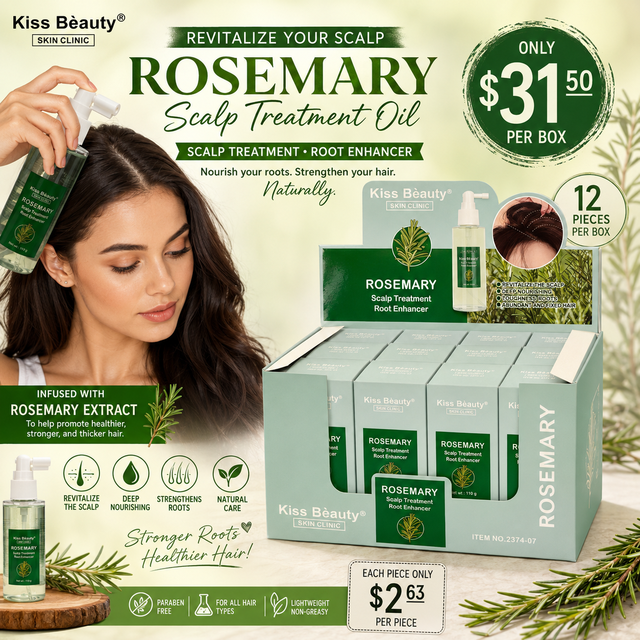 12PCS KISS BEAUTY ROSEMARY SCALP TREATMENT 2474-07