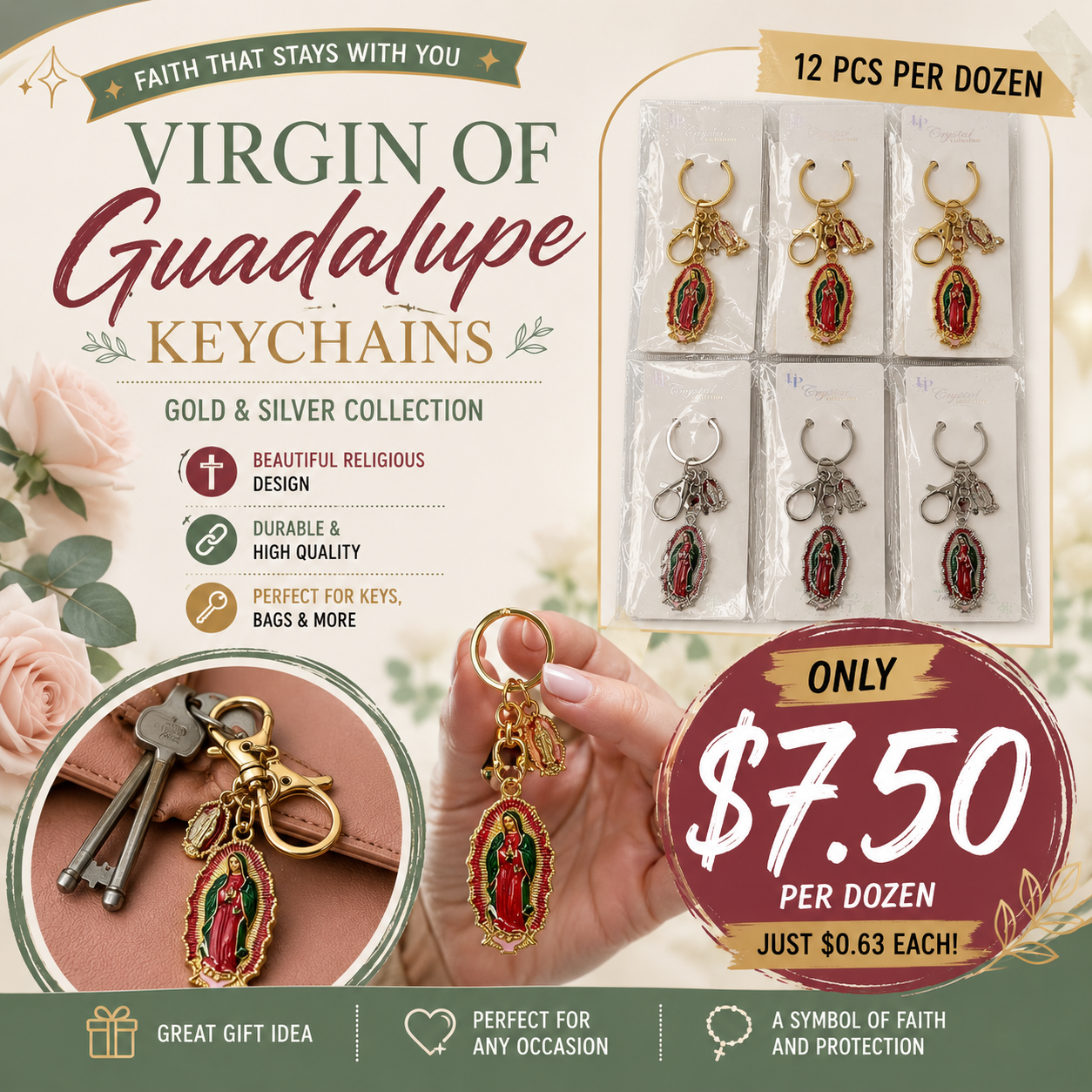 12PCS PACK VIRGIN MARY DANGLE CHARM KEYCHAIN YNV-1647
