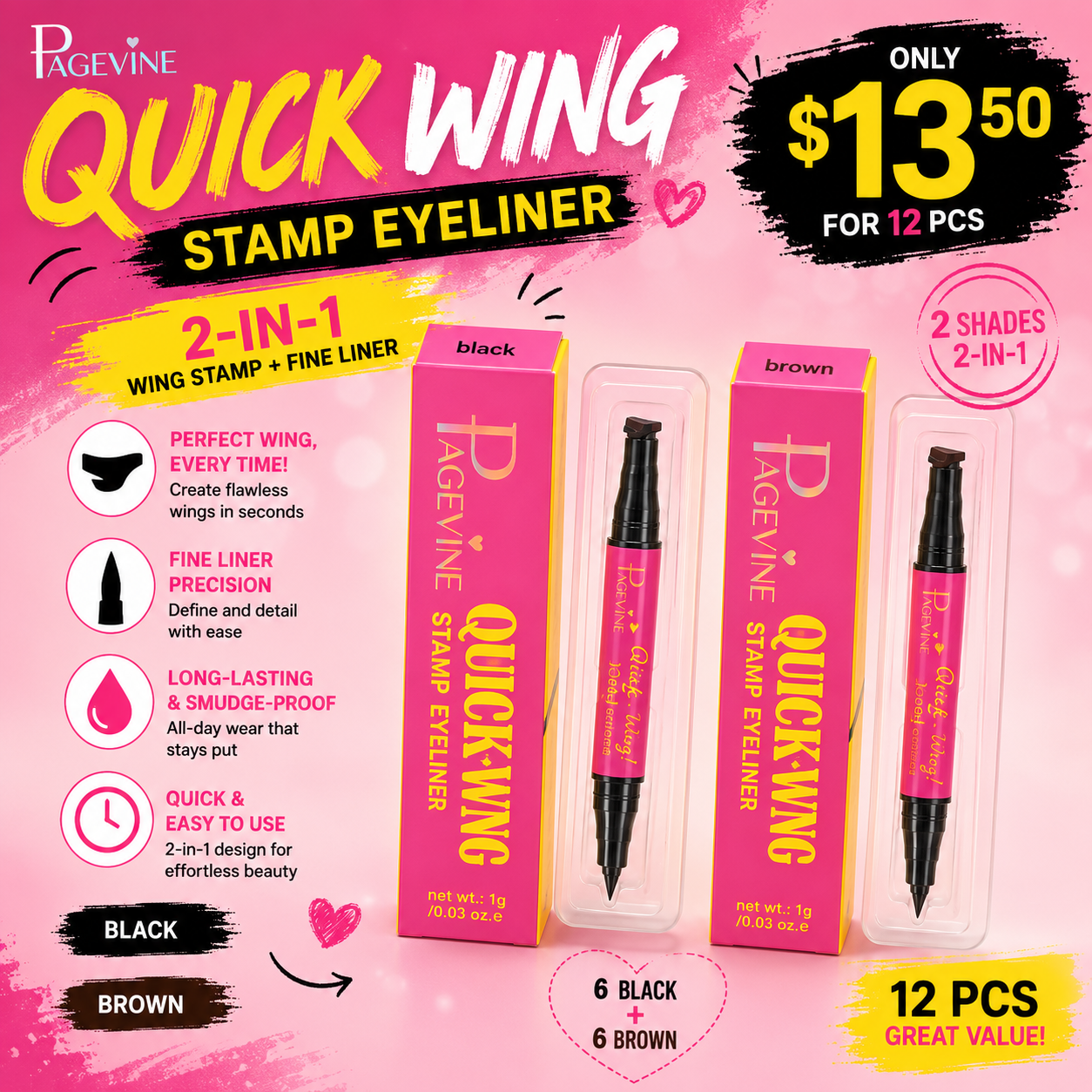 12PCS PACK PAGEVINE QUICK WING STAMP EYE LINER BLACK & BROWN 6 OF EACH P0421