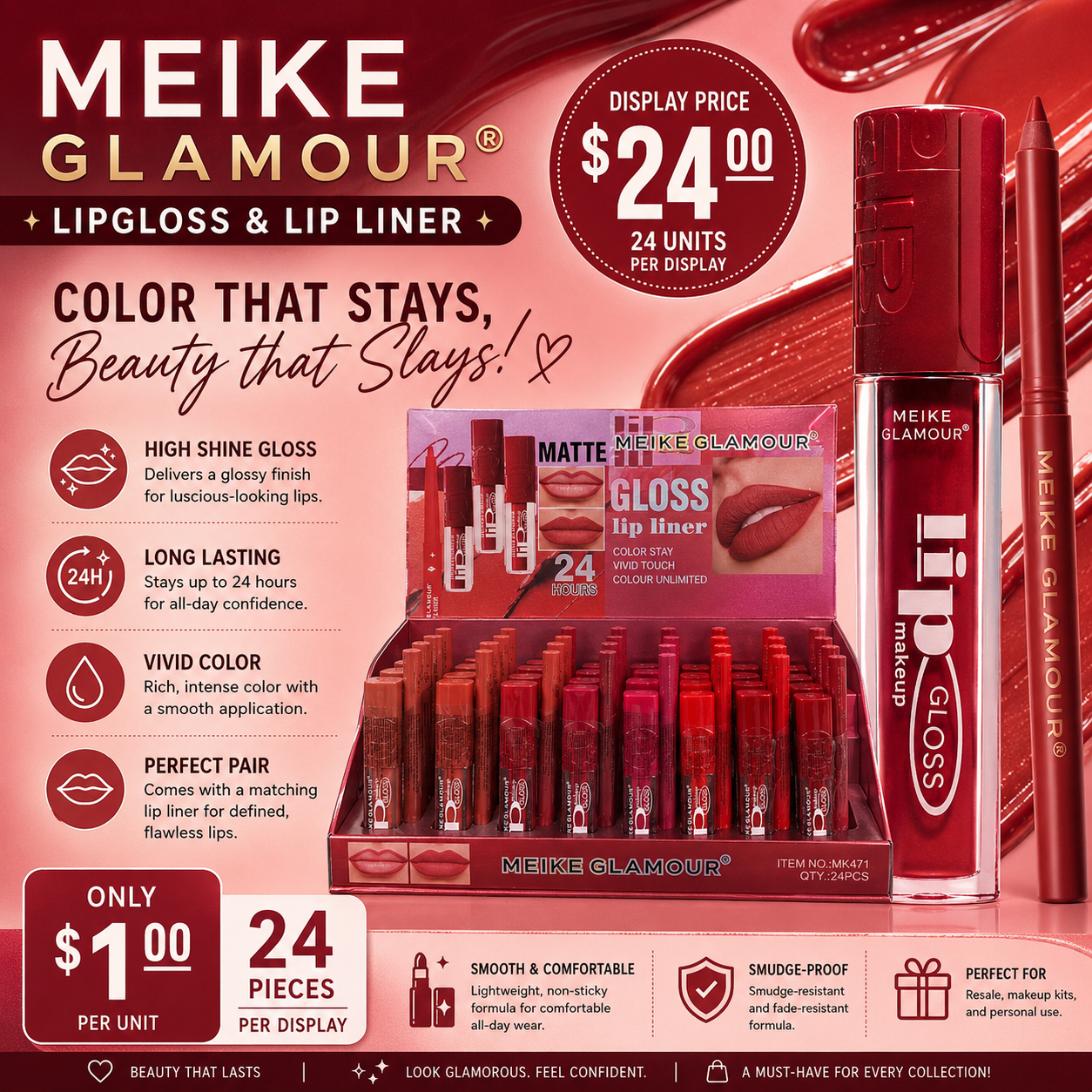 24PCS DISPLAY MEIKE GLAMOUR BEAUTY THAT SLAYS LIP LINER MK471