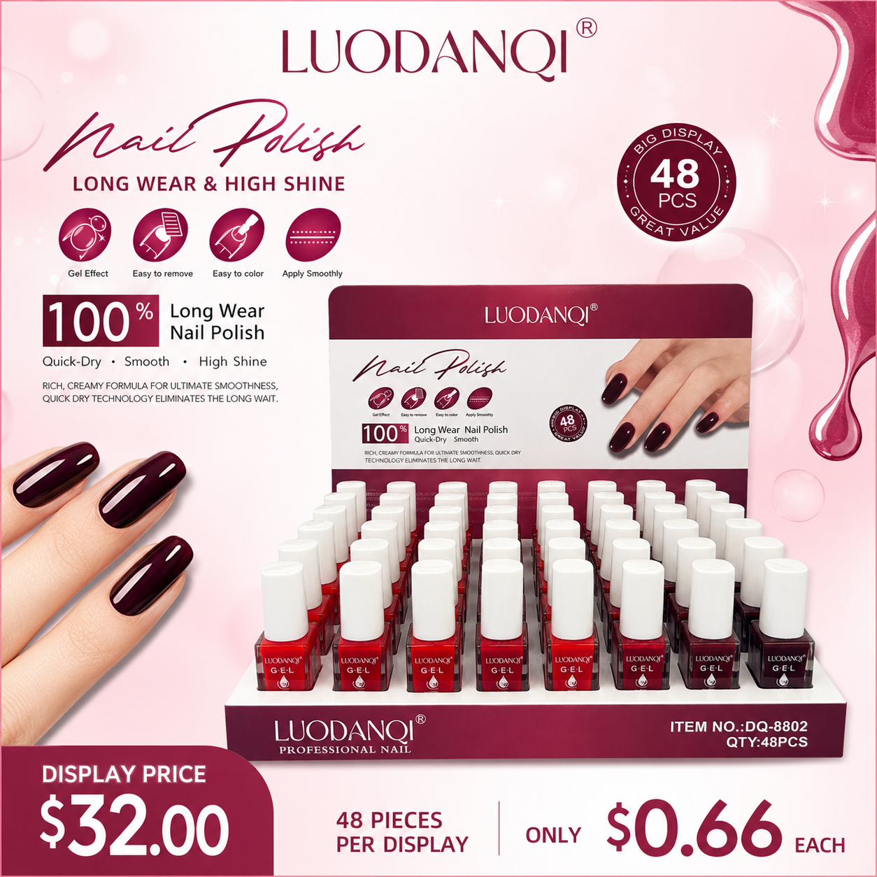 48PCS DISPLAY LUODANQI VARIETY COLOR NAIL POLISH DQ-8802