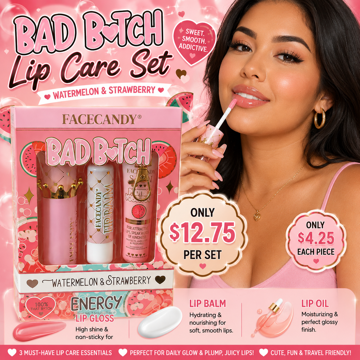 3PCS SET INSPO FACECANDY LIP CARE SET BAD B💗TCH WATERMELON & STRAWBERRY B-002