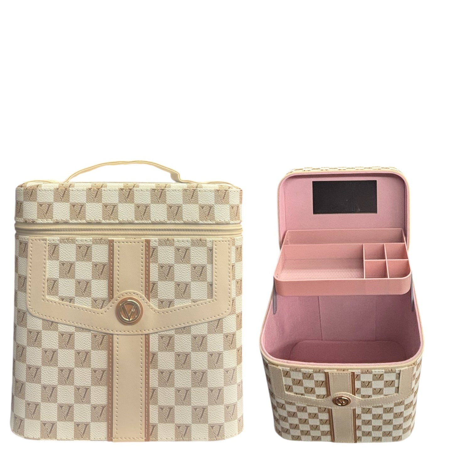 TAN CHECKERED MAKEUP BOX WITH BUILT IN STAND