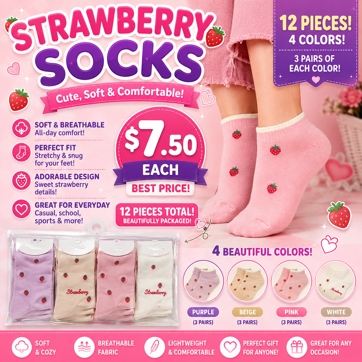 12PCS PACK STRAWBERRY PASTEL ANKLE SOCKS DNV-3275