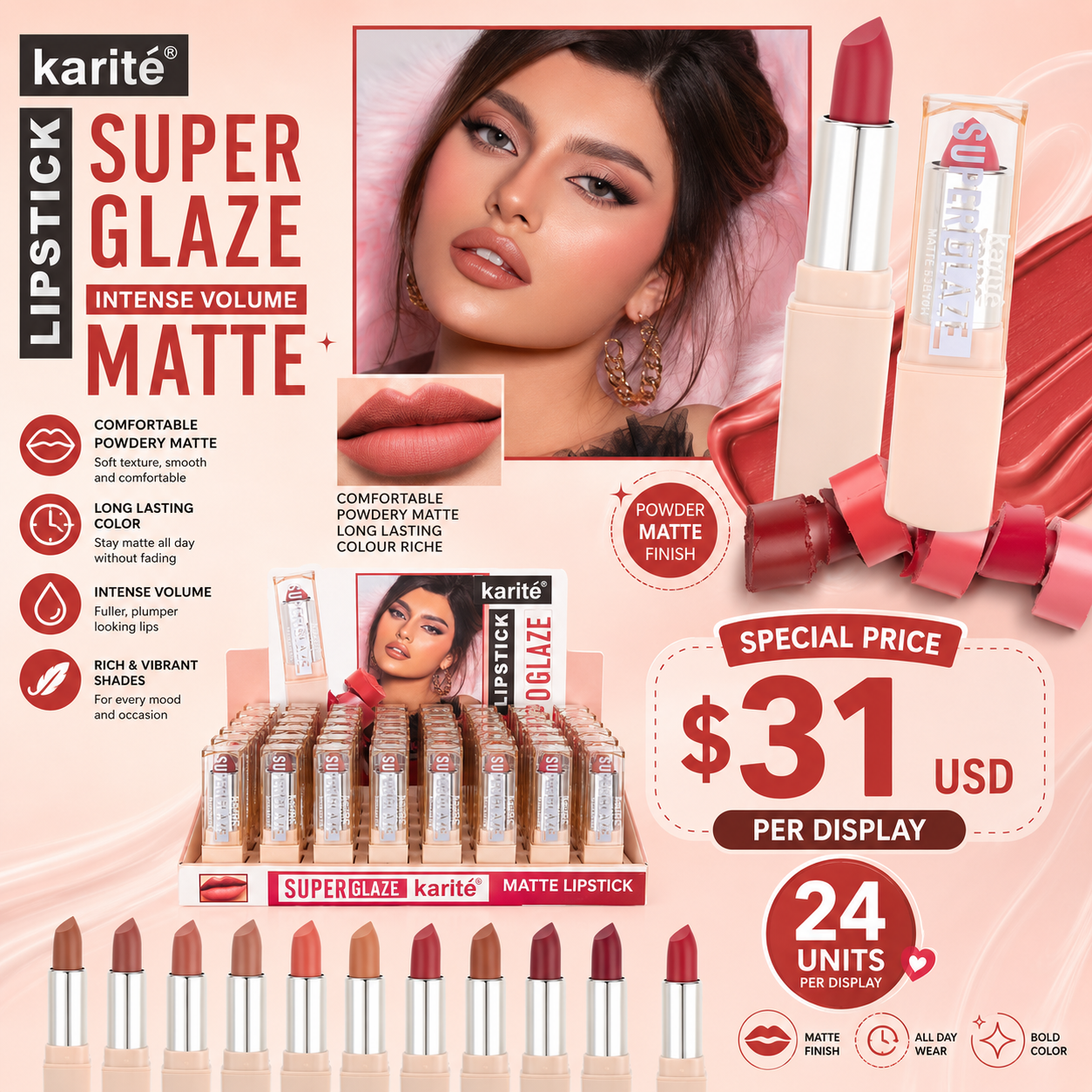 24PCS KARITE SUPER GLAZE MATTE LIPSTICK 36271-47C