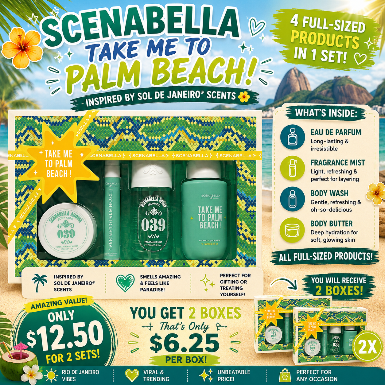 2 SETS SCENABELLA TAKE ME TO PALM BEACH BODY CARE SC1081