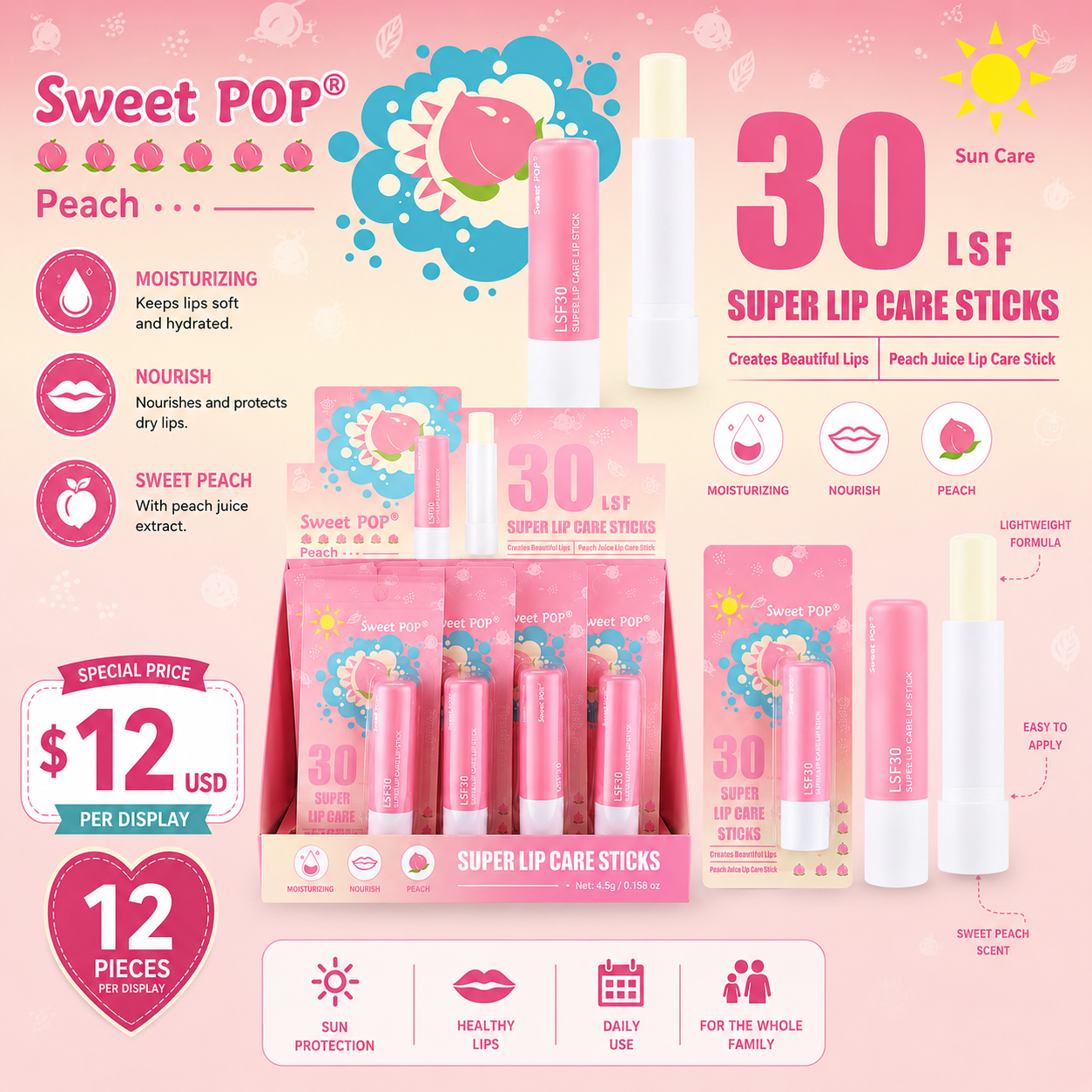 12PCS DISPLAY SWEET POP PEACH SUPER LIP CARE STICKS SP-1001B