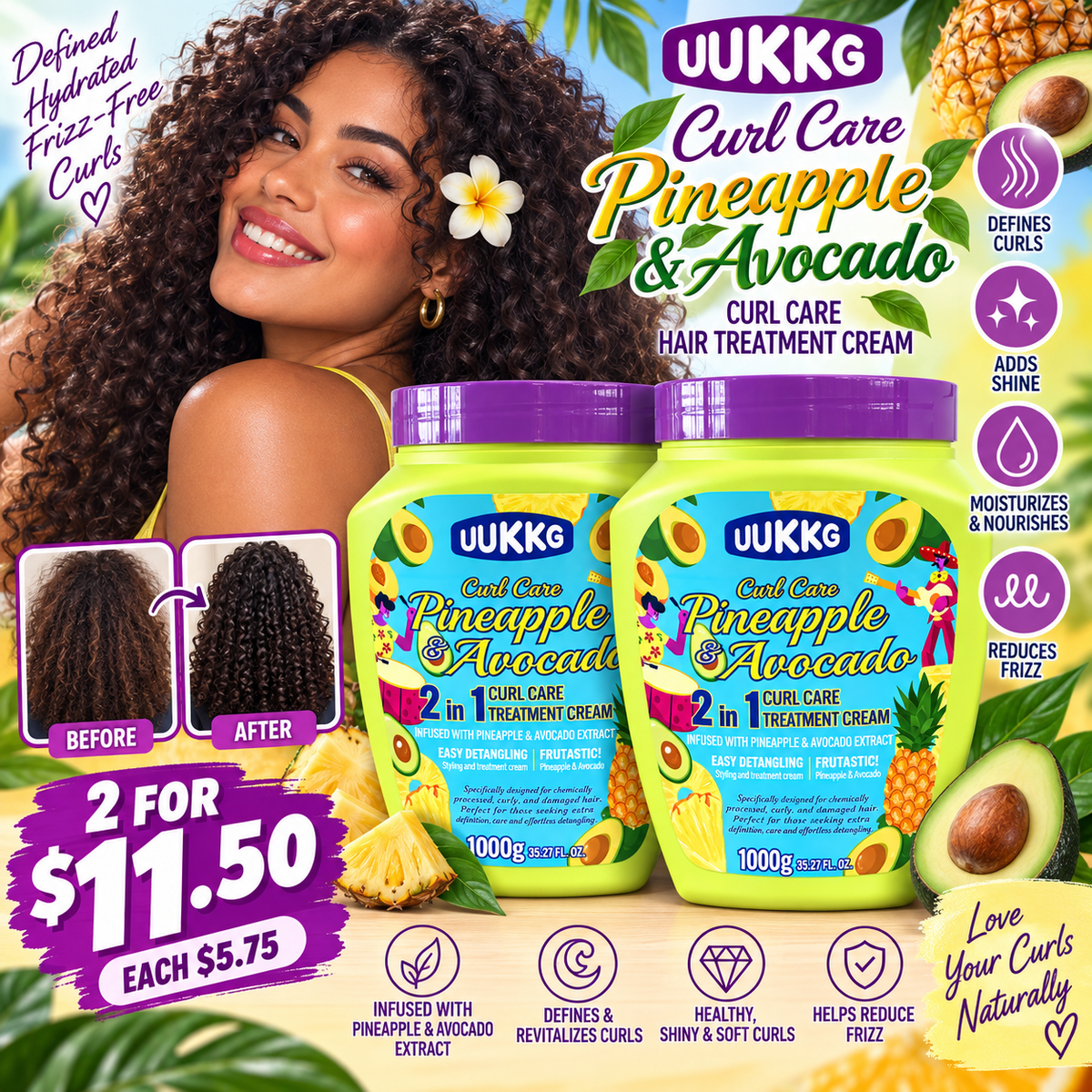 2PCS UUKKG CURL CARE PINEAPPLE AVOCADO HAIR TREATMENT CREAM UU4943