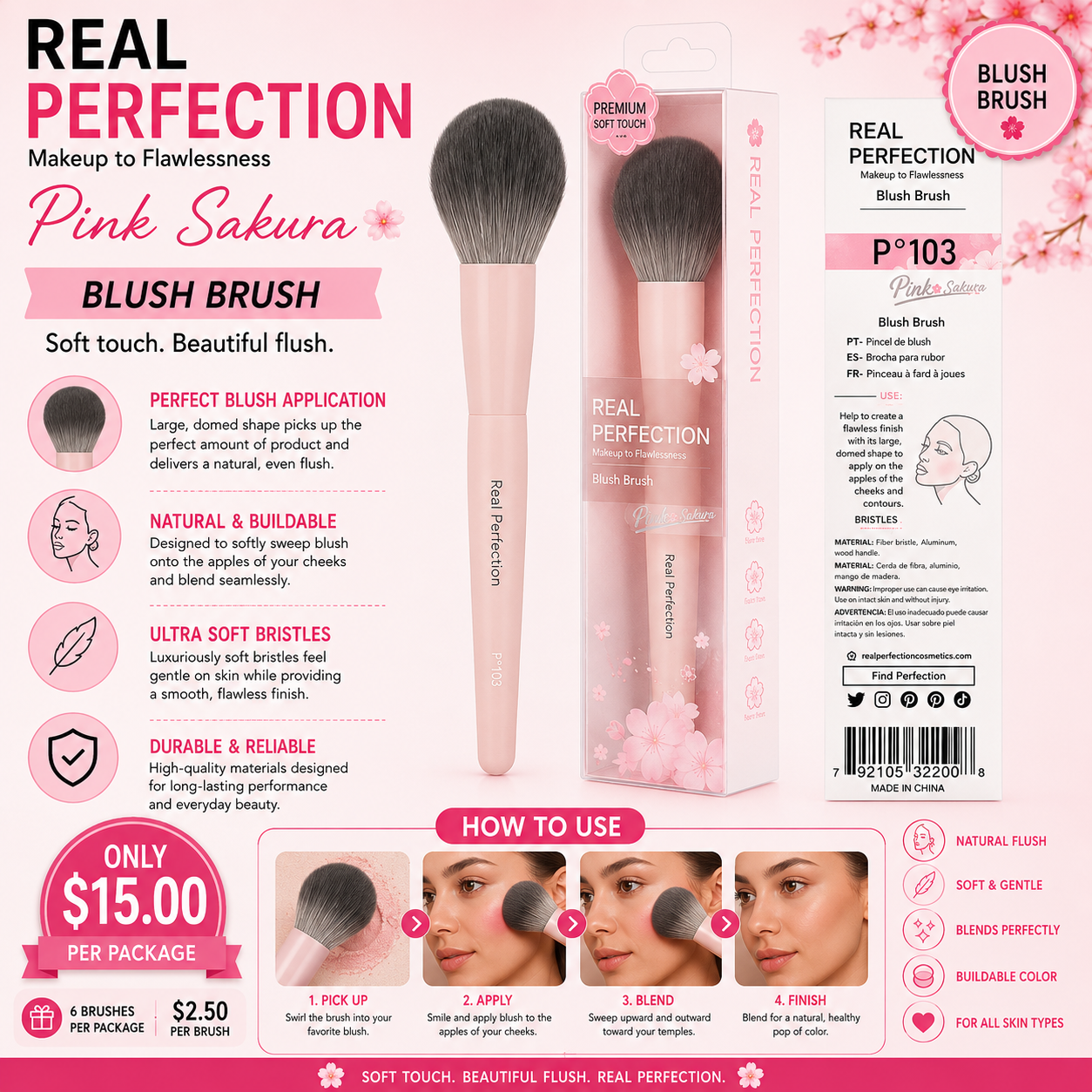 6PCS PACK REAL PERFECTION PINK SAKURA BLUSH BRUSH P-103