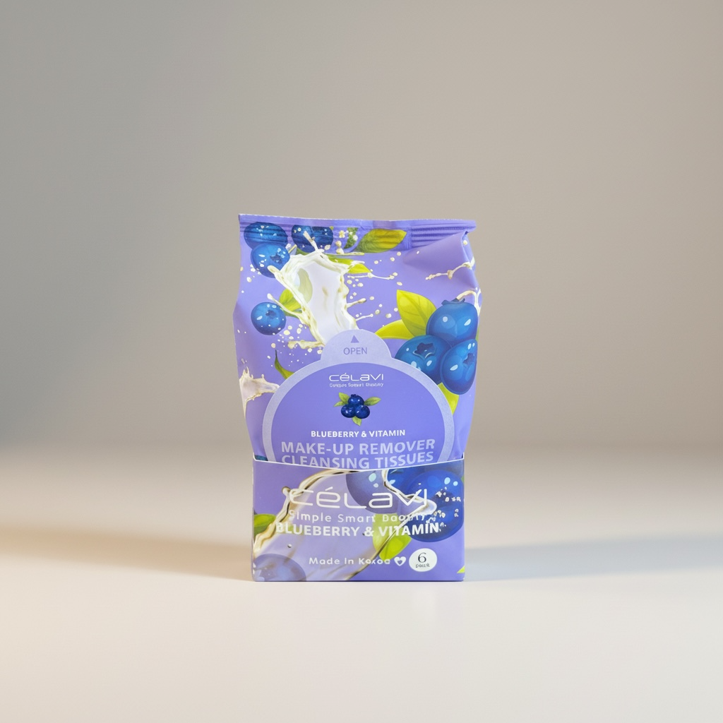 6PCS DISPLAY CELAVI BLUEBERRY & VITAMIN MAKE UP REMOVER CLEANSING TISSUES MT030