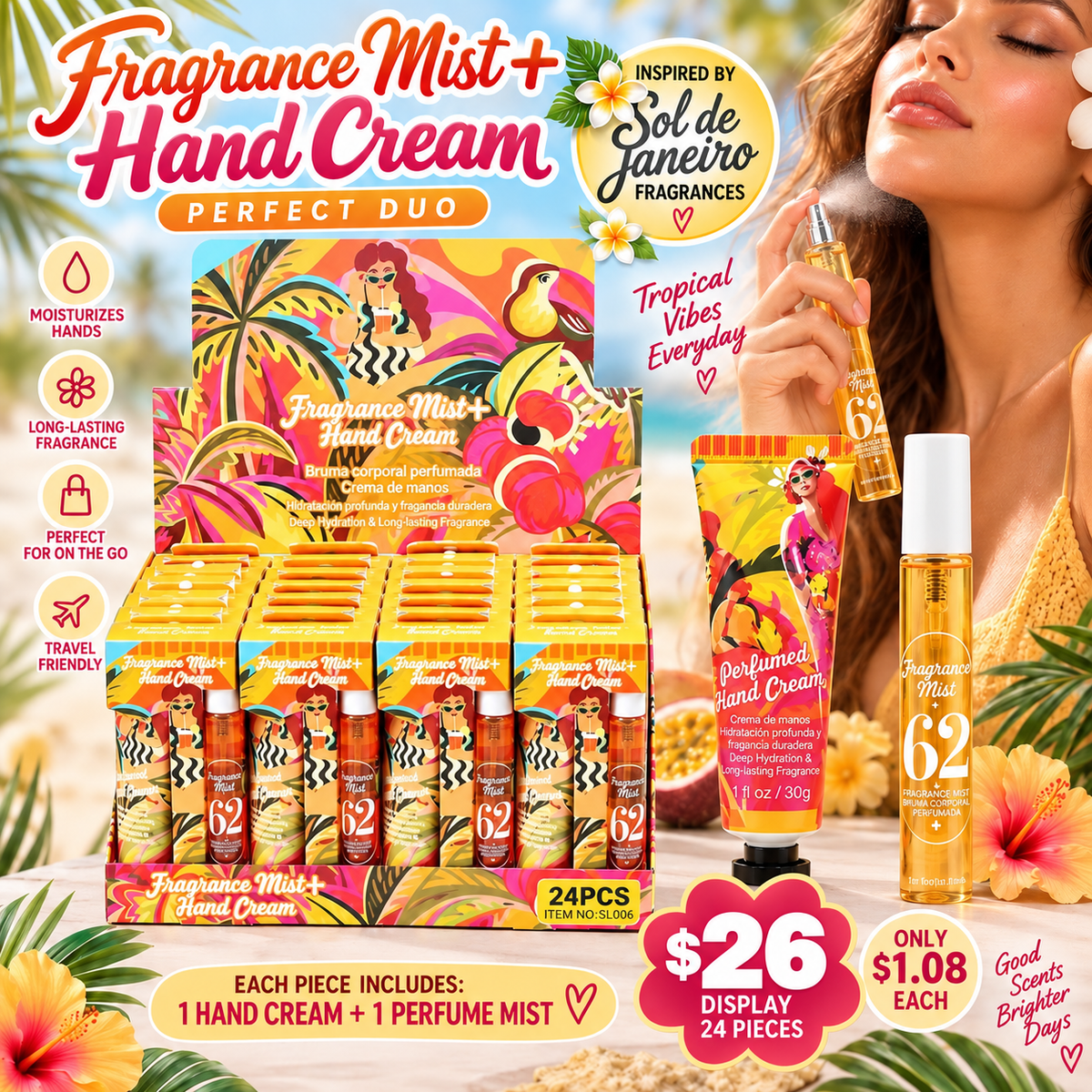 24PCS DISPLAY YELLOW 62 FRAGRANCE & HAND CREAM DUO SET SL006