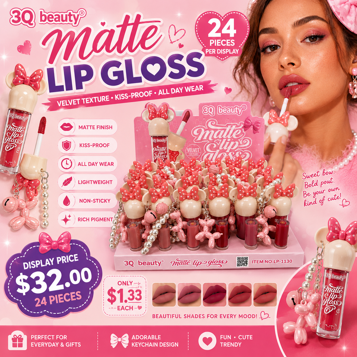 24PCS DISPLAY 3QBEUTY MATTE LIPGLOSS WITH BEAUTIFUL KEYCHAIN LP-1130