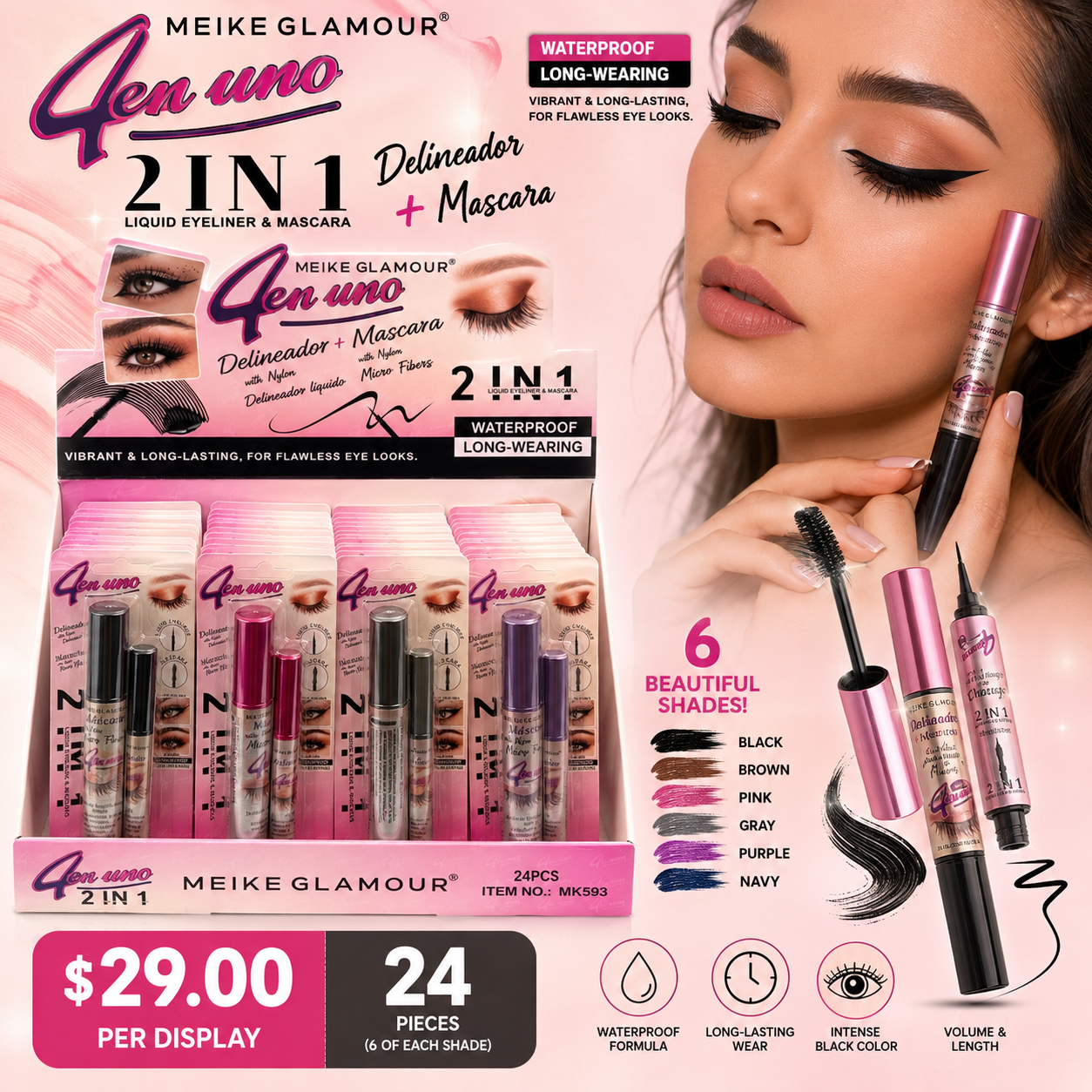 24PCS DISPLAY MIKE GLAMOUR 2 IN 1 WATERPROOF EYELINER & MASCARA MK593