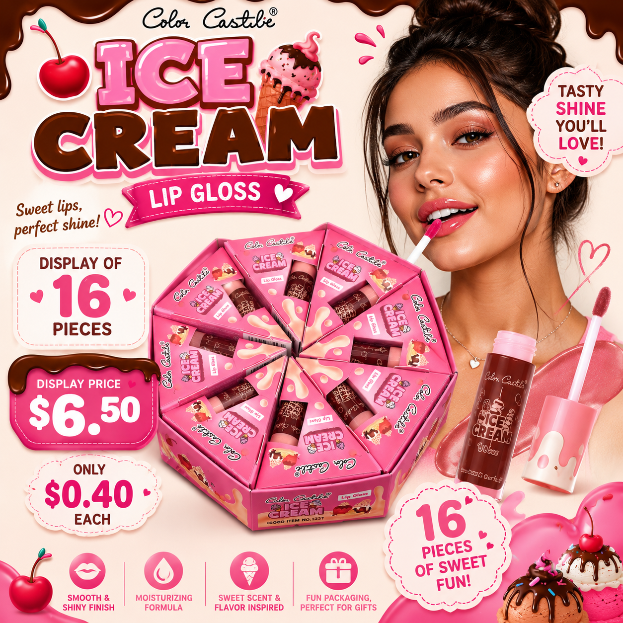 16PCS DISPLAY COLOR CASTILE ICE CREAM LIPGLOSS 4237