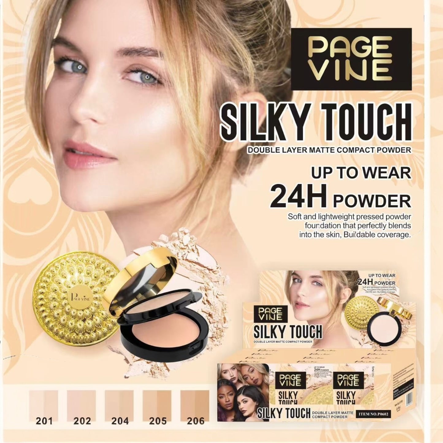 12PCS DISPLAY PAGEVINE SILKY TOUCH DOUBLE LAYER MATTE COMPACT POWDER P602