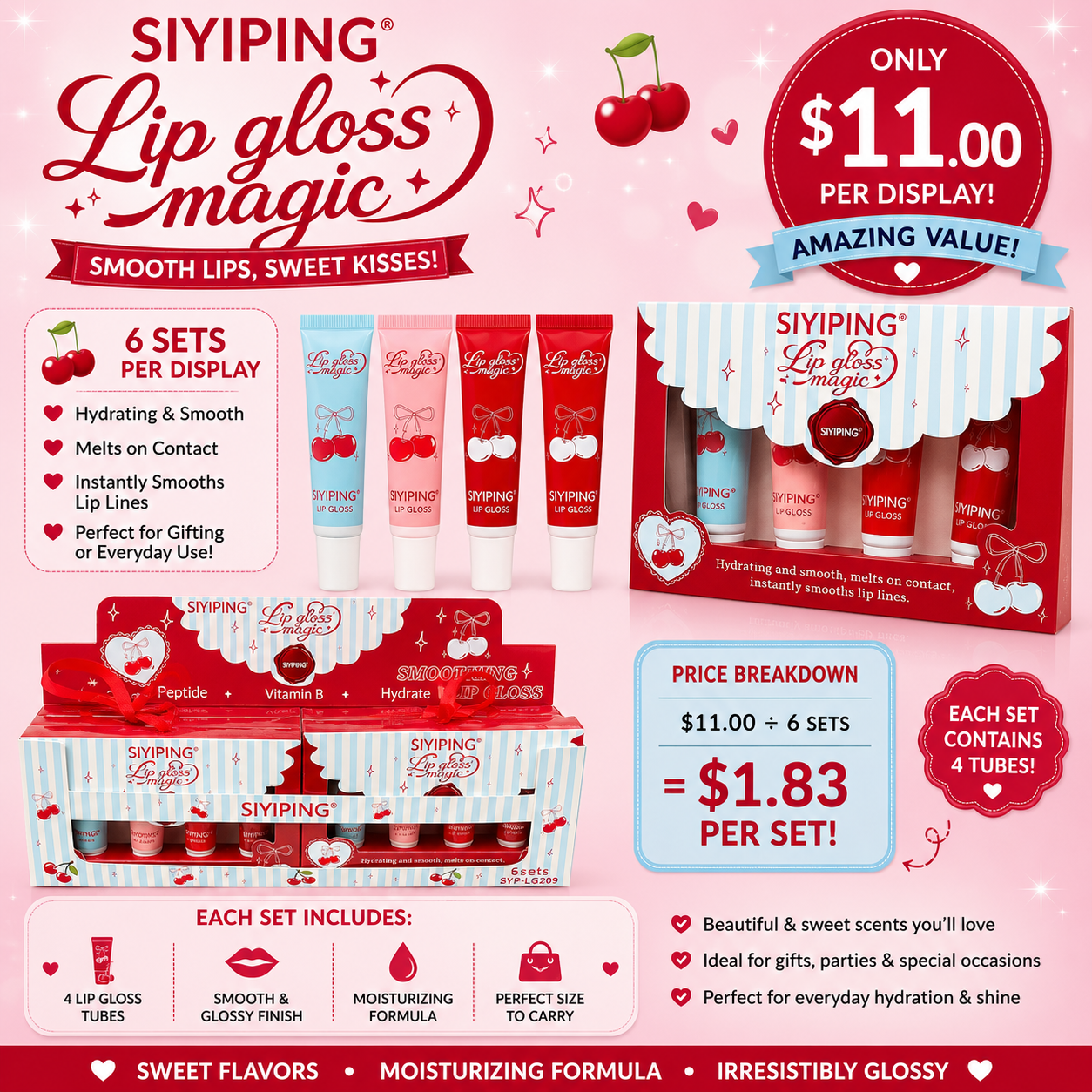 6PCS DISPLAY SIYIPING CHERRY RED LIPGLOSS SET SYP-LG209