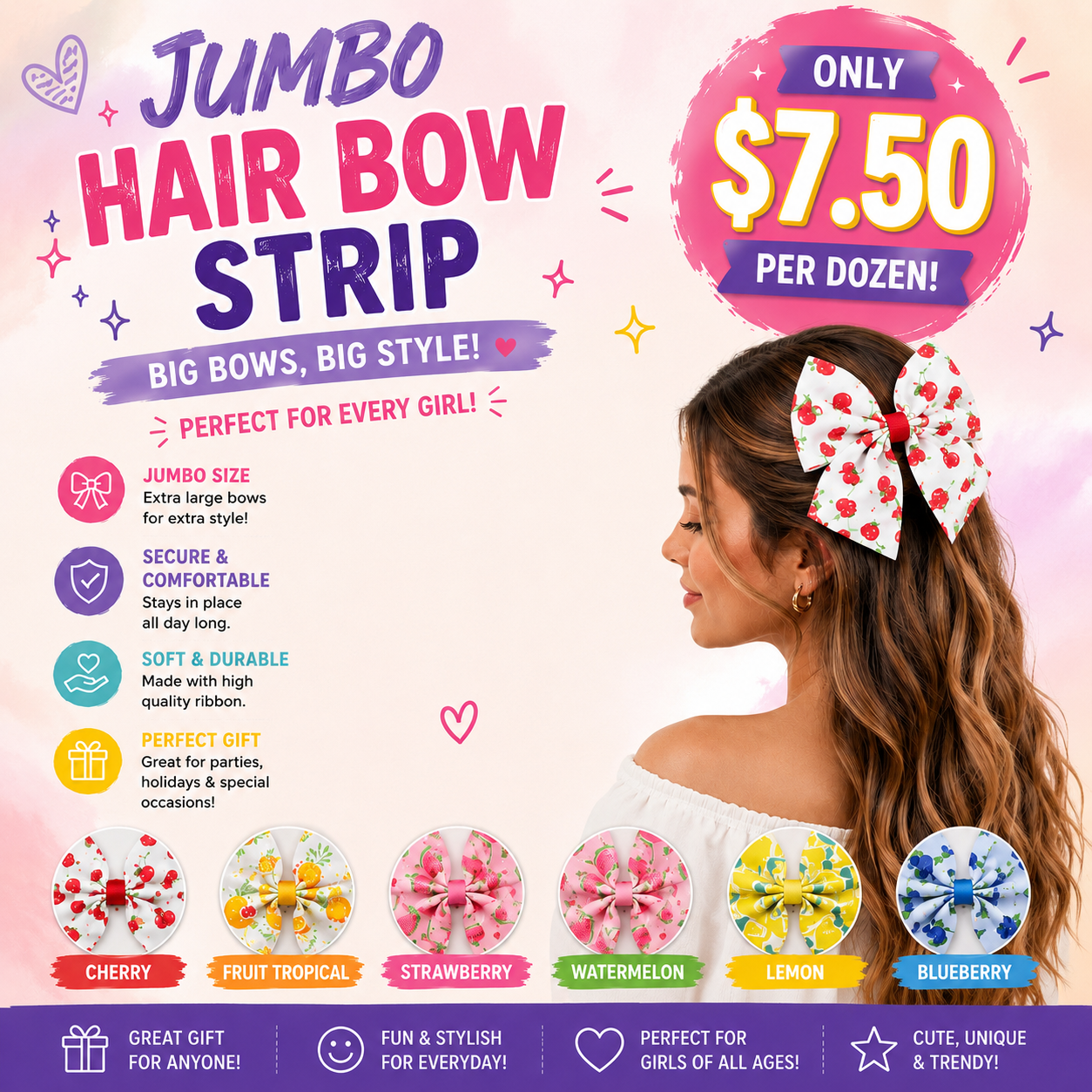 12PCS PACK HAIR BOWS JUMBO FRUIT STYLE MKC-5108