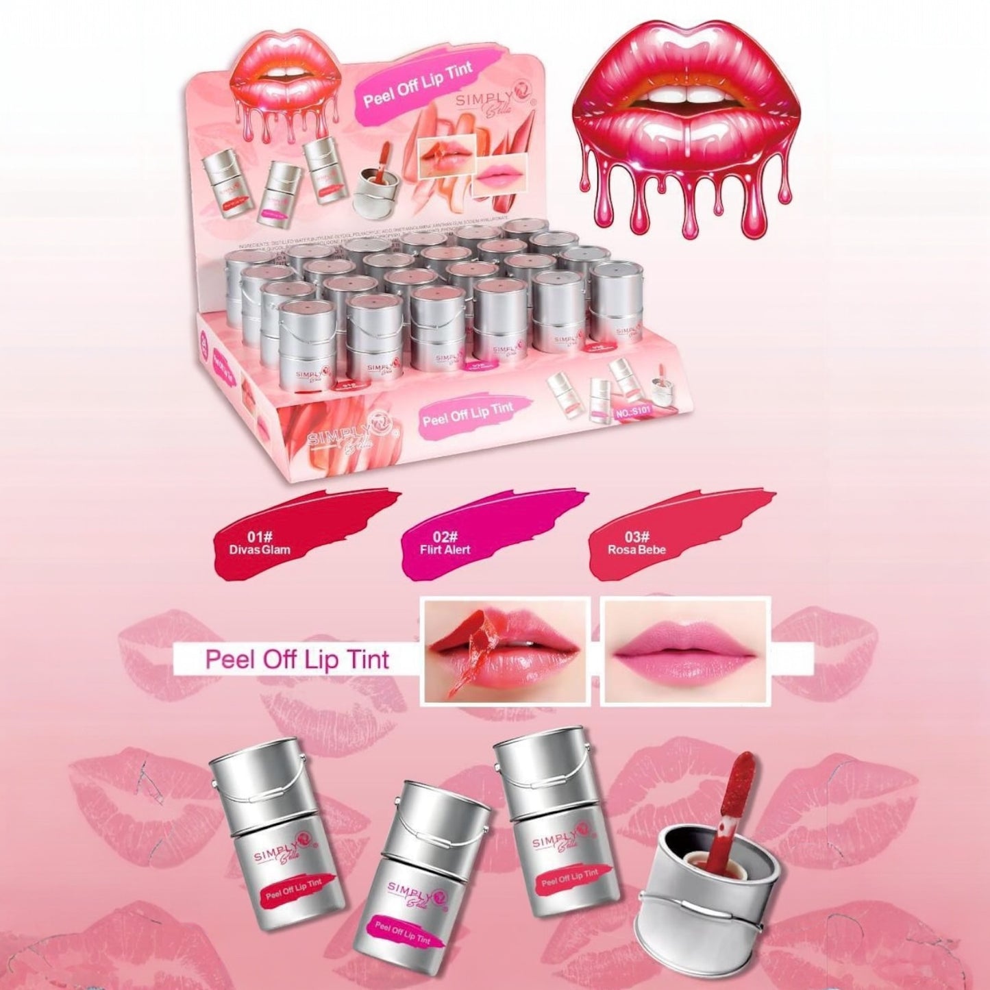 24PCS DISPLAY SIMPLY BELLA PEEL OFF LIP TINT S101