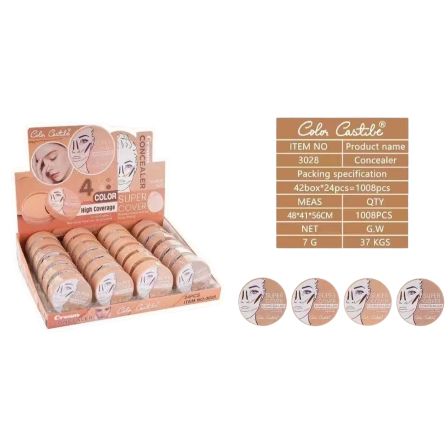 24PCS DISPLAY COLOR CASTILE CREAM CONCEALER WITH SPONGE PUFF 3028