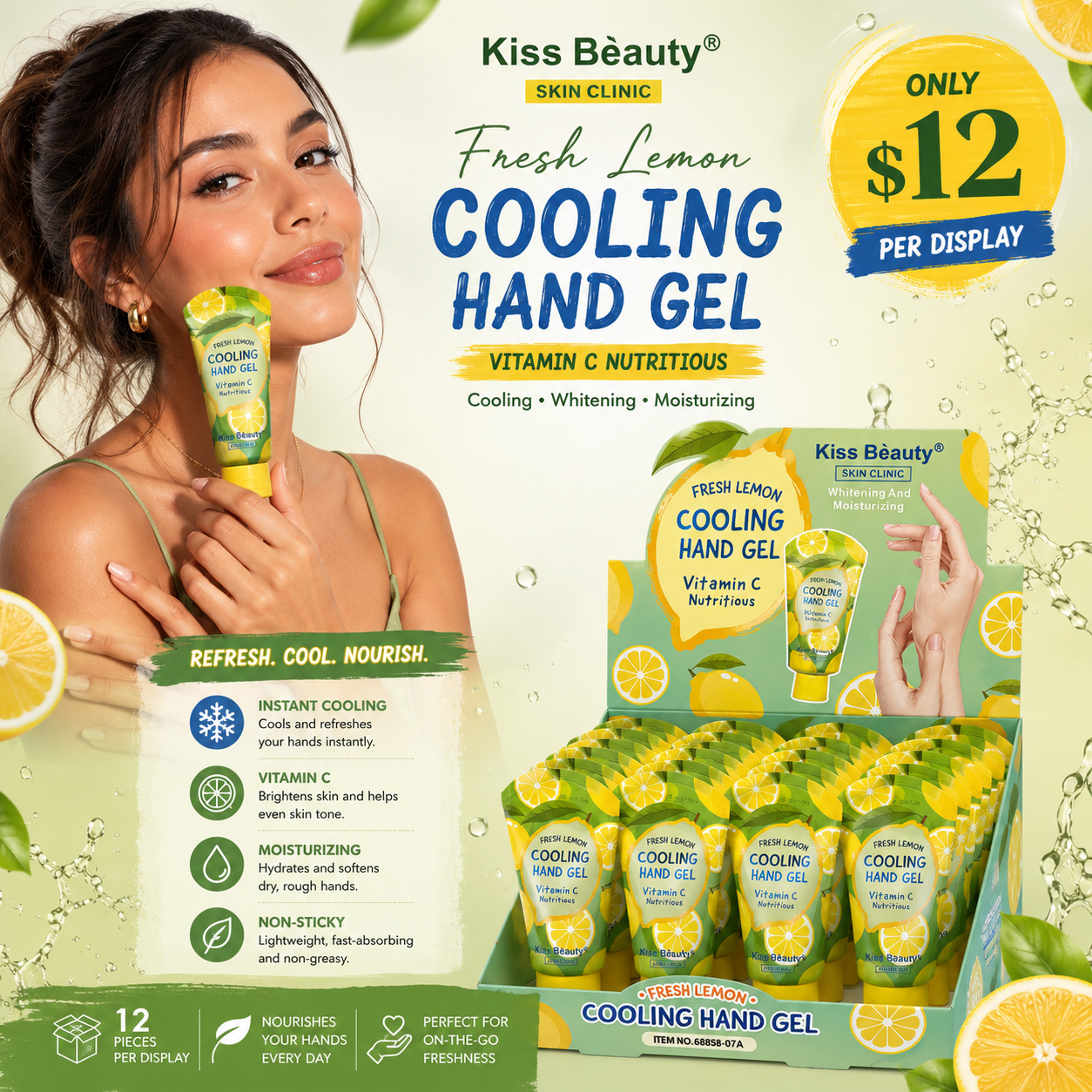 12PCS DISPLAY KISS BEAUTY COOLING HAND GEL VITAMIN C NUTRITIOUS 68858-07A