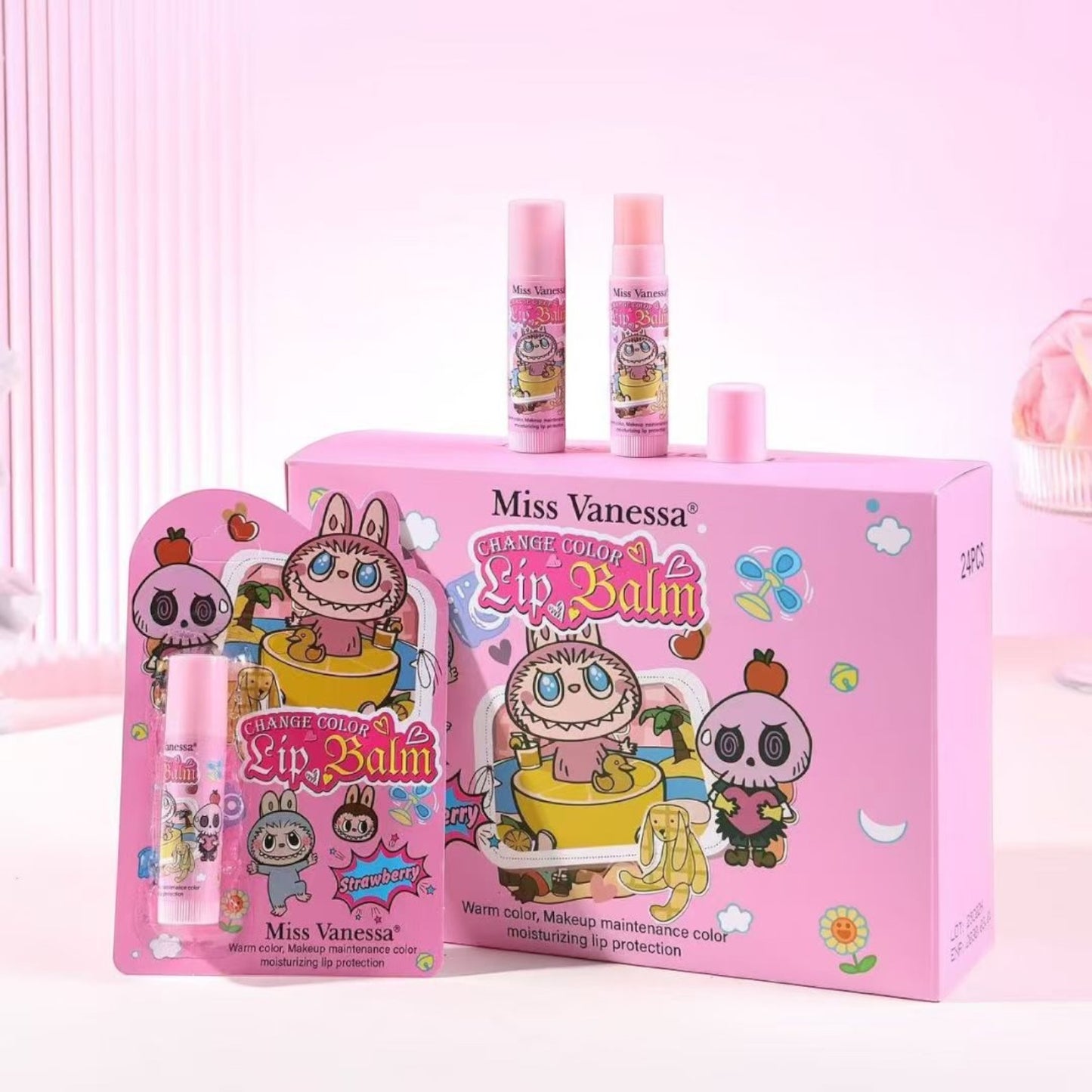 24PCS DISPLAY MISS VANESSA PINK LIP BALM M7113