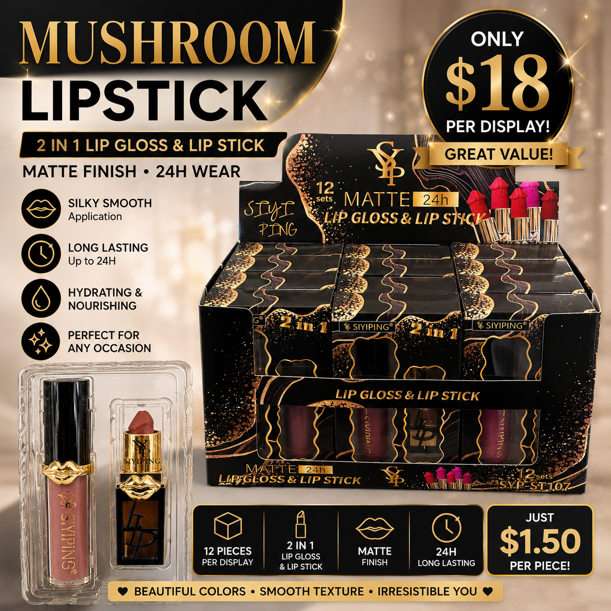 12PCS DISPLAY SIYIPING MUSHROOM LIPGLOSS + MATTE LIPSTICK SYP-ST107