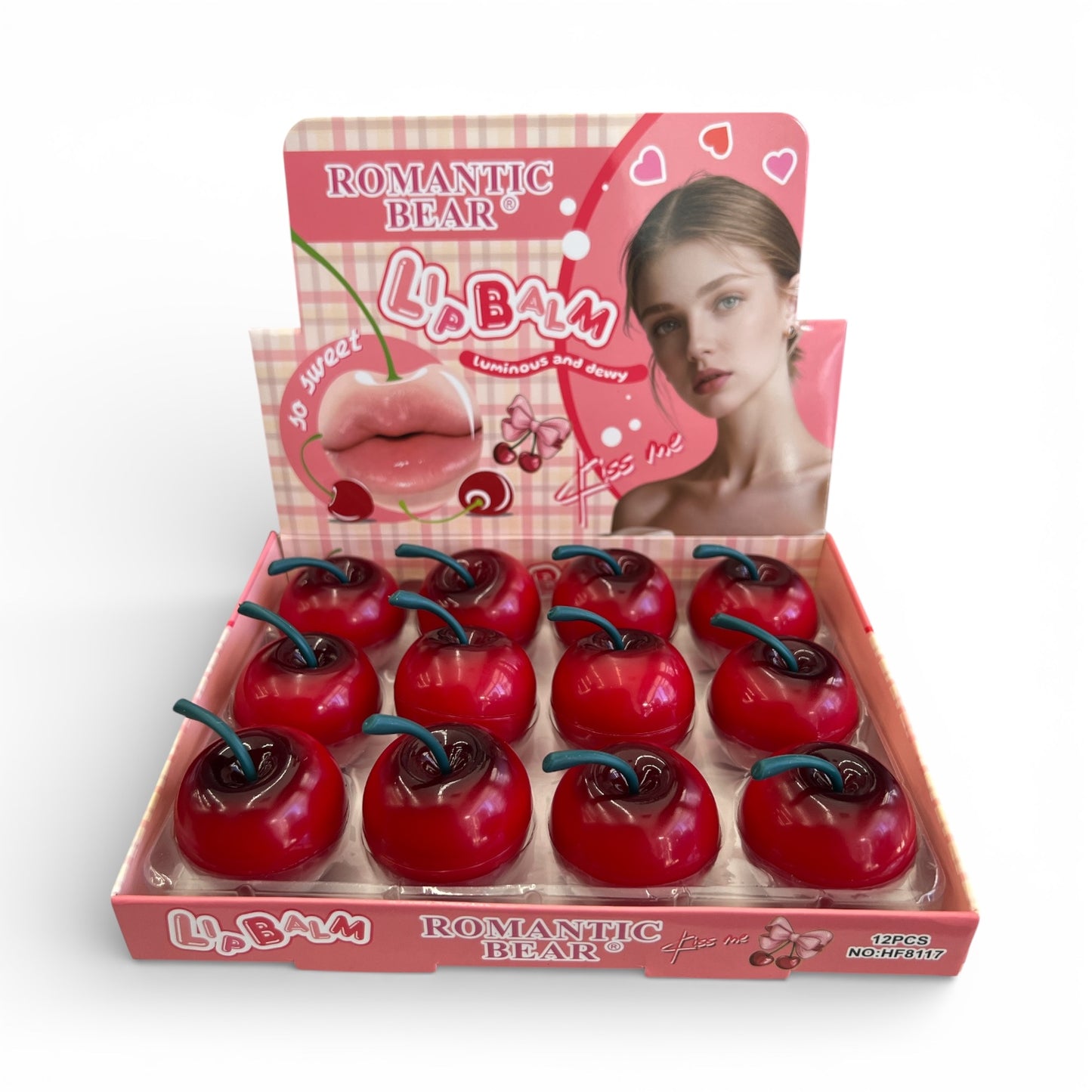 12PCS DISPLAY ROMANTIC BEAR LUMINOUS AND DWEY CHERRY LIP BALM HF8117
