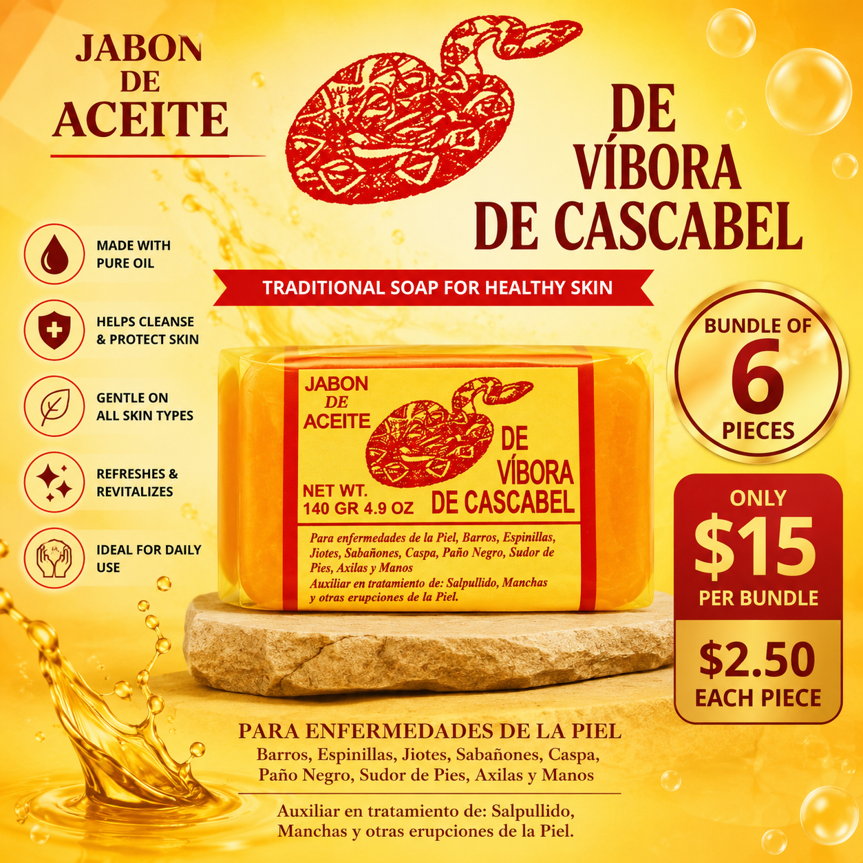6PCS JABON DE ACEITE DE VIBORA DE CASCABEL 1001
