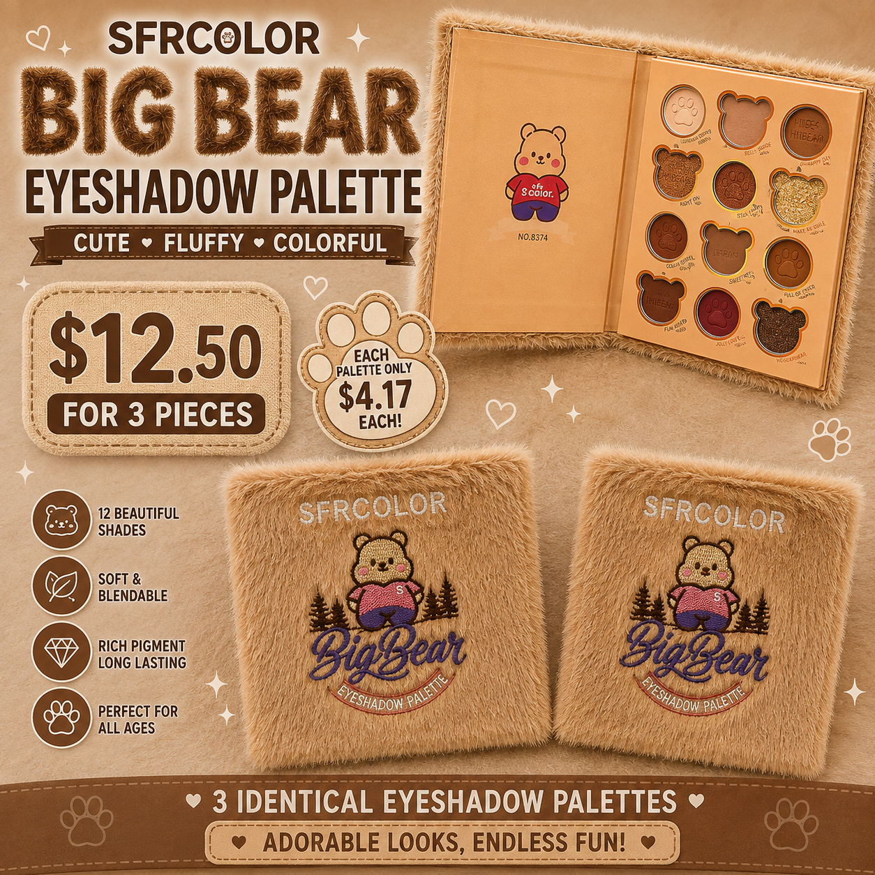 3PCS DISPLAY SFRCOLOR BROWN FUZZY BEAR EYE SHADOW PALETTE 8375